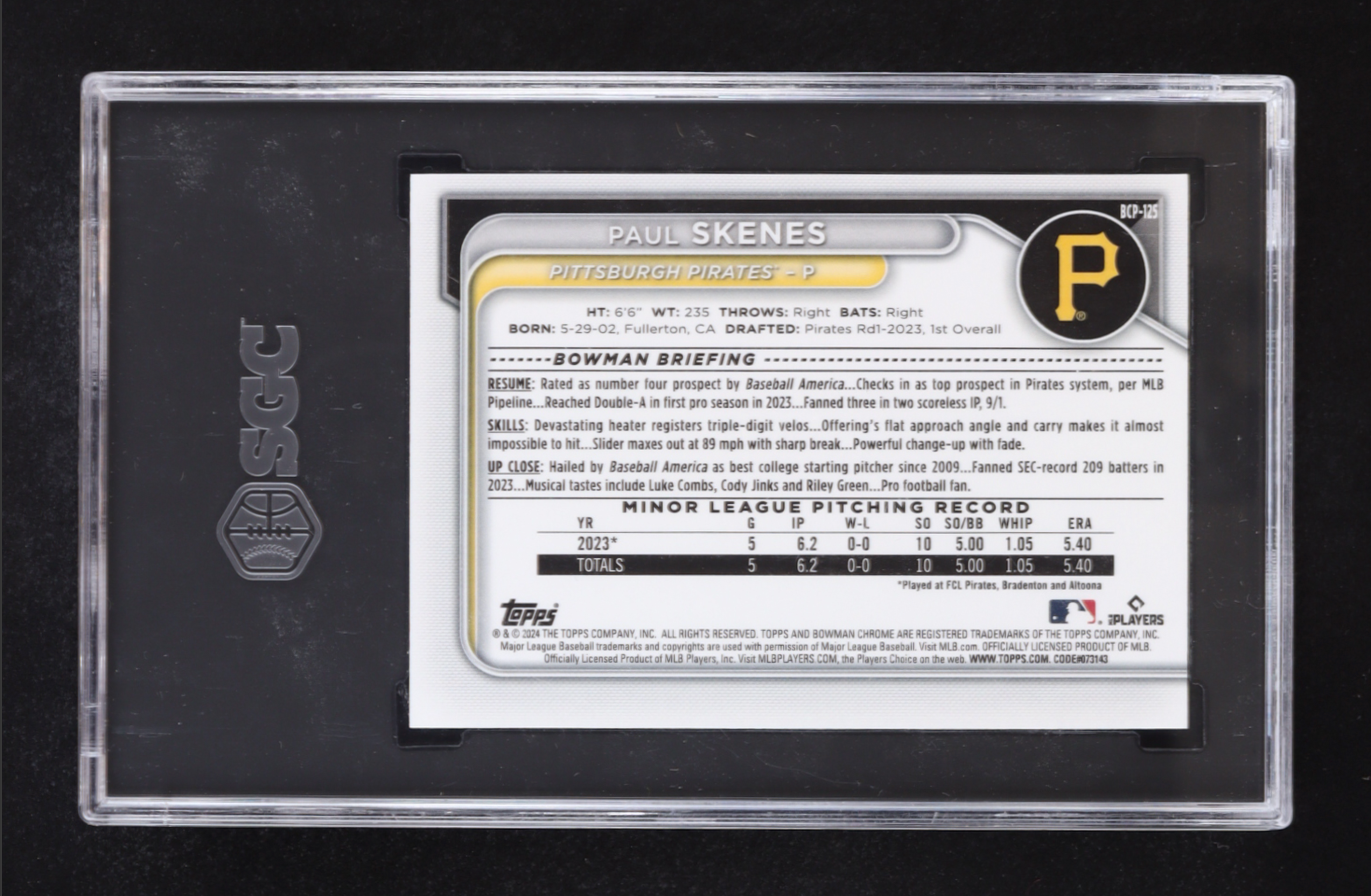 Paul Skenes 2024 Bowman Chrome Sapphire Prospects #BCP125 RC (CGC 10) authentic-signatures