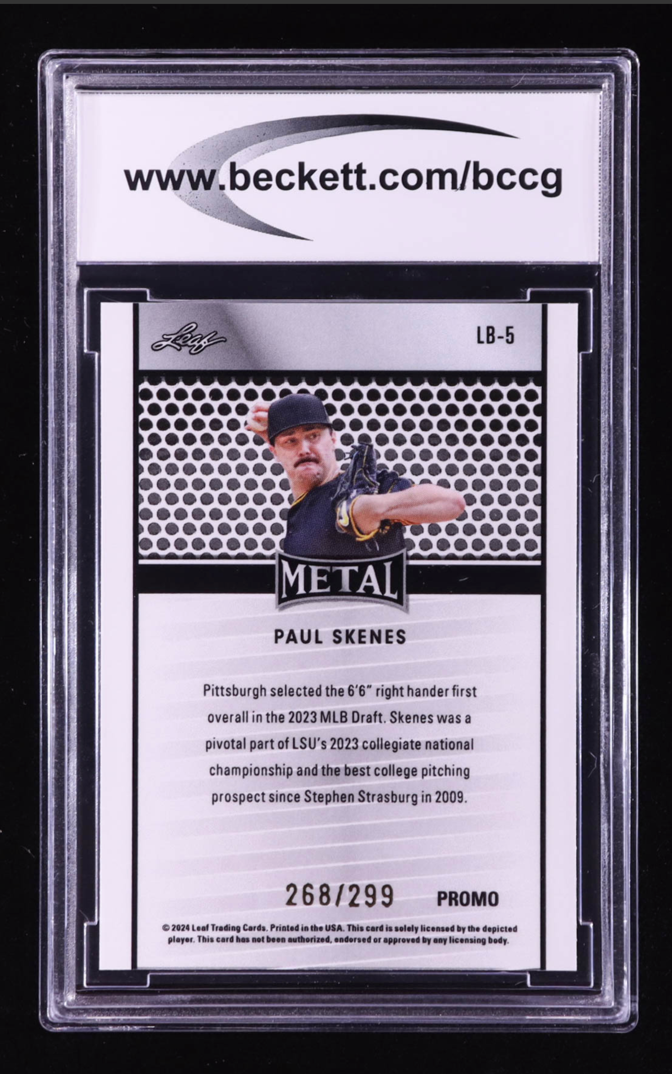 Paul Skenes 2024 Leaf Collective Promo Leaf Shimmer Orange #LB5 RC #268/299 authentic-signatures