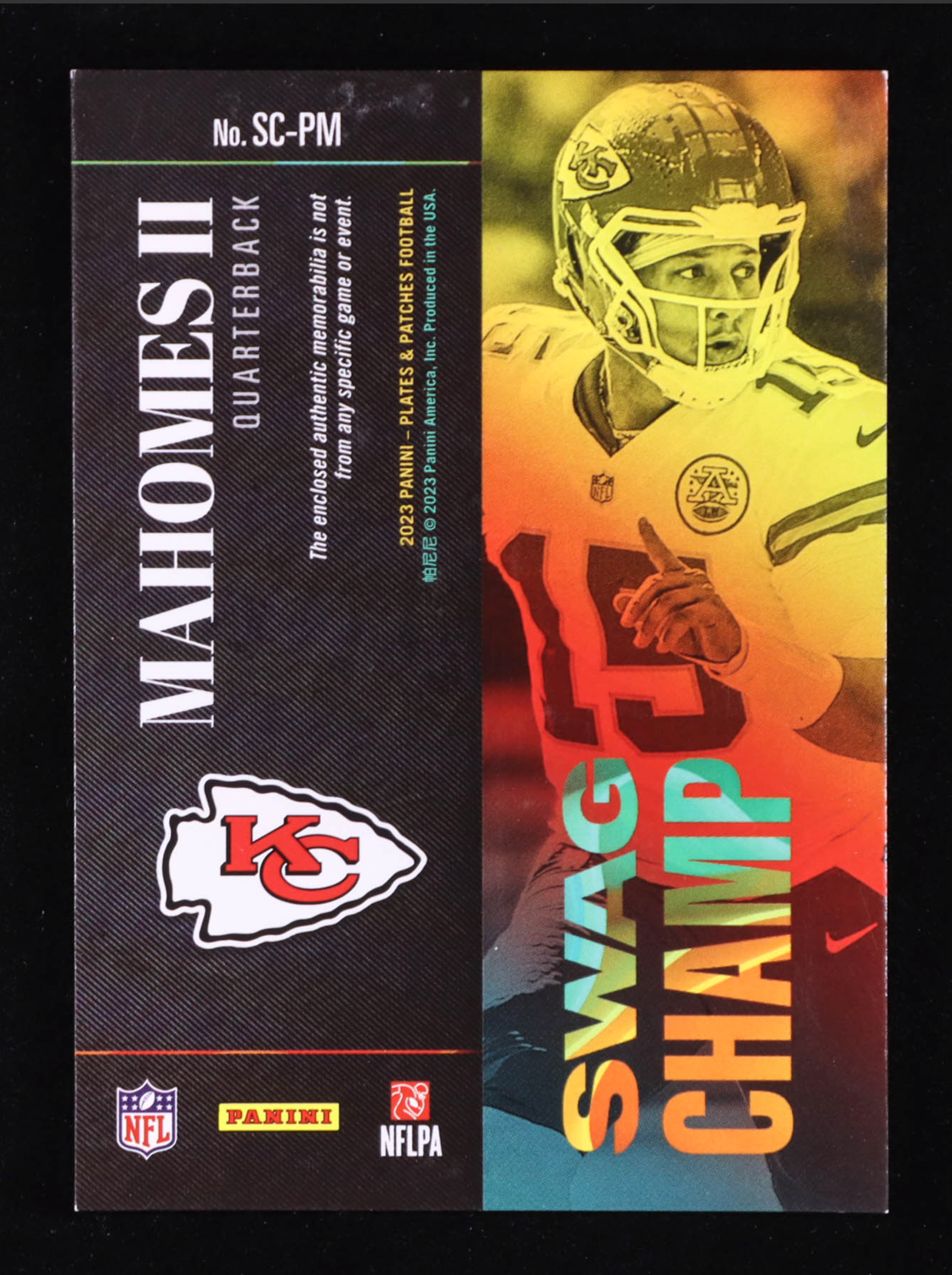 Patrick Mahomes II 2023 Panini Plates and Patches Swag Champ Jerseys #38/75 authentic-signatures