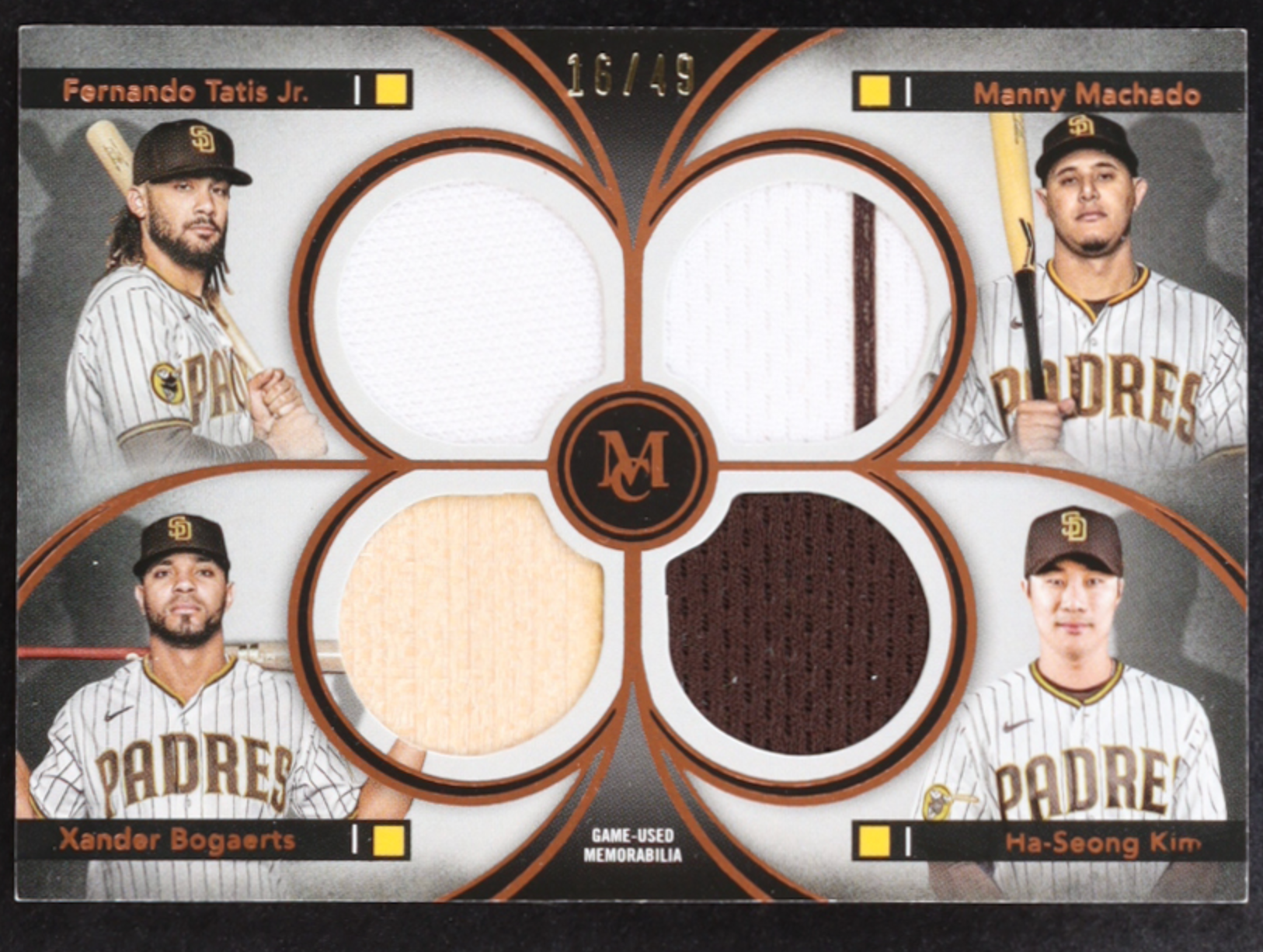 Fernando Tatis Jr. / Manny Machado / Xander Bogaerts / Ha-Seong Kim 2024 Topps Museum Collection Primary Pieces Four Player Quad Relics Copper #FPQRTMBK #16/49 authentic-signatures