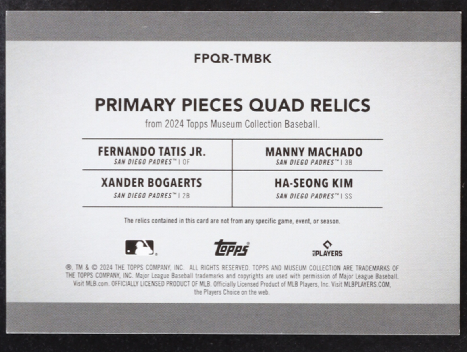 Fernando Tatis Jr. / Manny Machado / Xander Bogaerts / Ha-Seong Kim 2024 Topps Museum Collection Primary Pieces Four Player Quad Relics Copper #FPQRTMBK #16/49 authentic-signatures