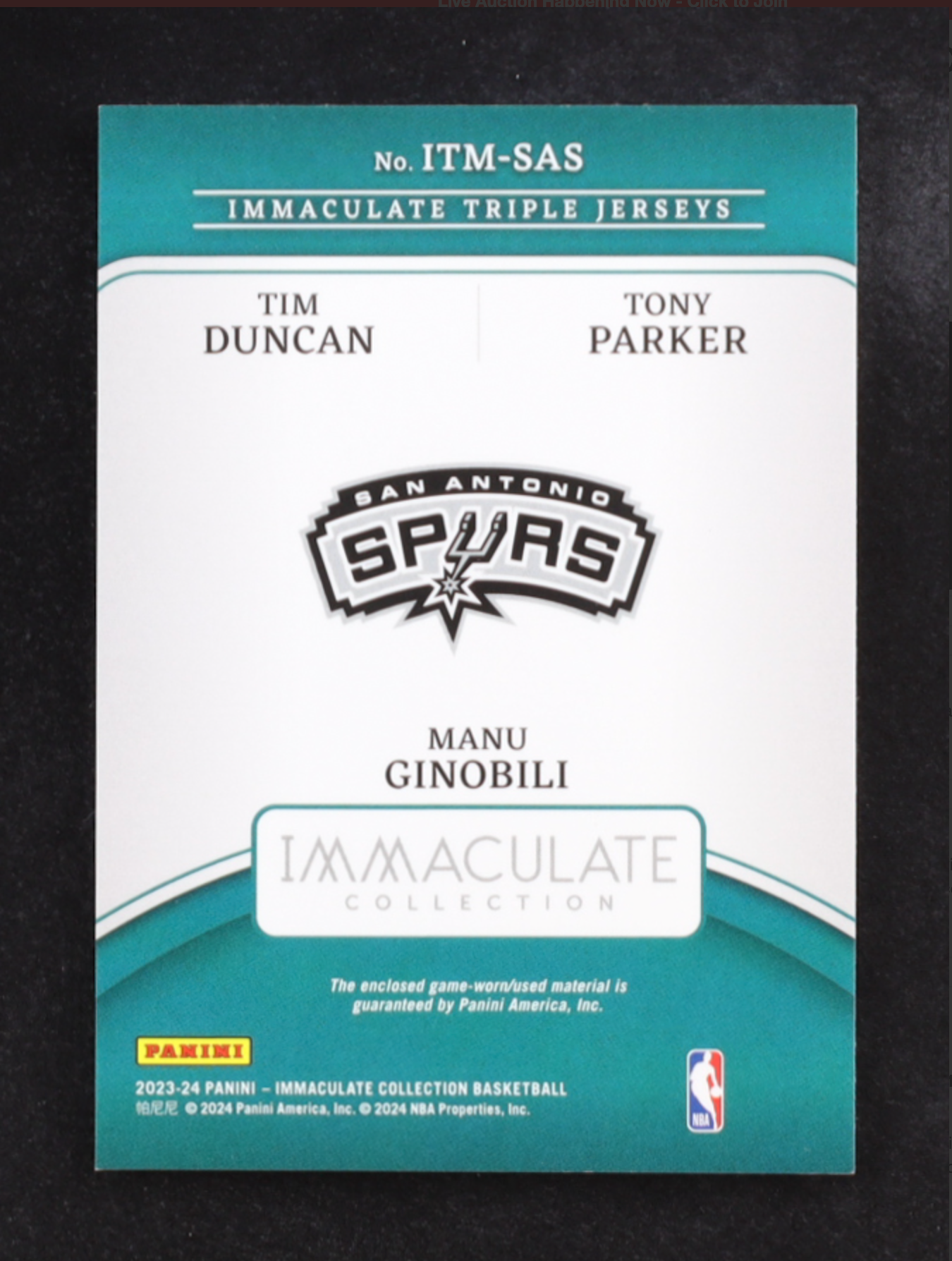Tony Parker / Tim Duncan / Manu Ginobili 2023-24 Immaculate Collection Immaculate Triple Game-Worm Memorabilia #12 #89/99 authentic-signatures