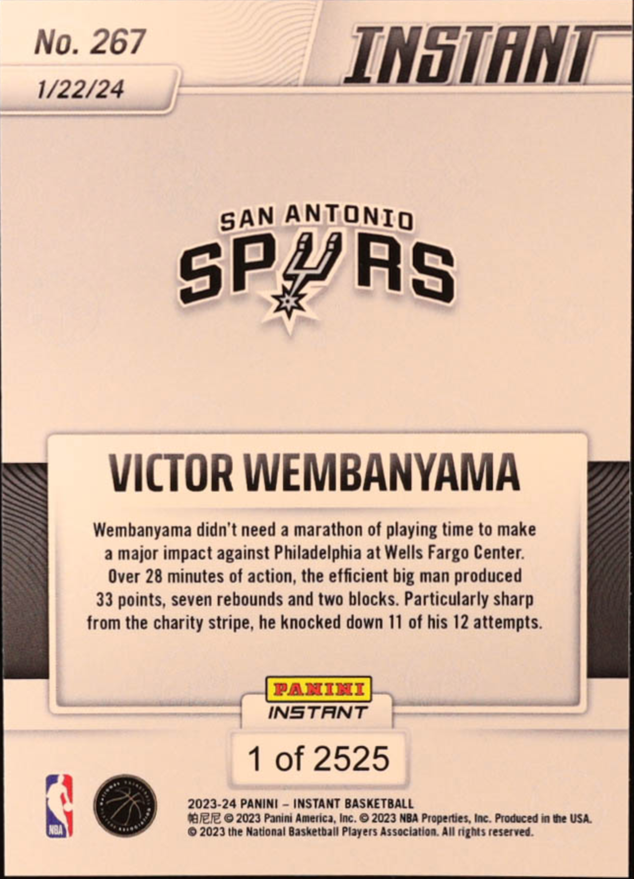 Victor Wembanyama 2023-24 Panini Instant #267 RC authentic-signatures