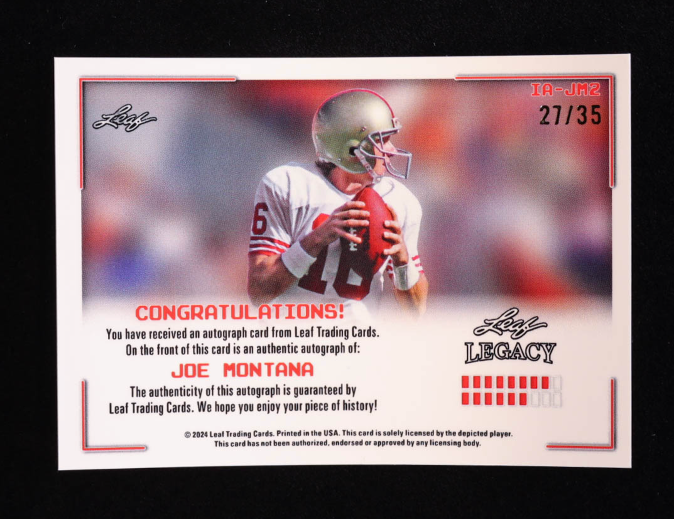 Joe Montana 2024 Leaf Legacy Collection Autograph Silver Prismatic SP Variation #3/5 authentic-signatures