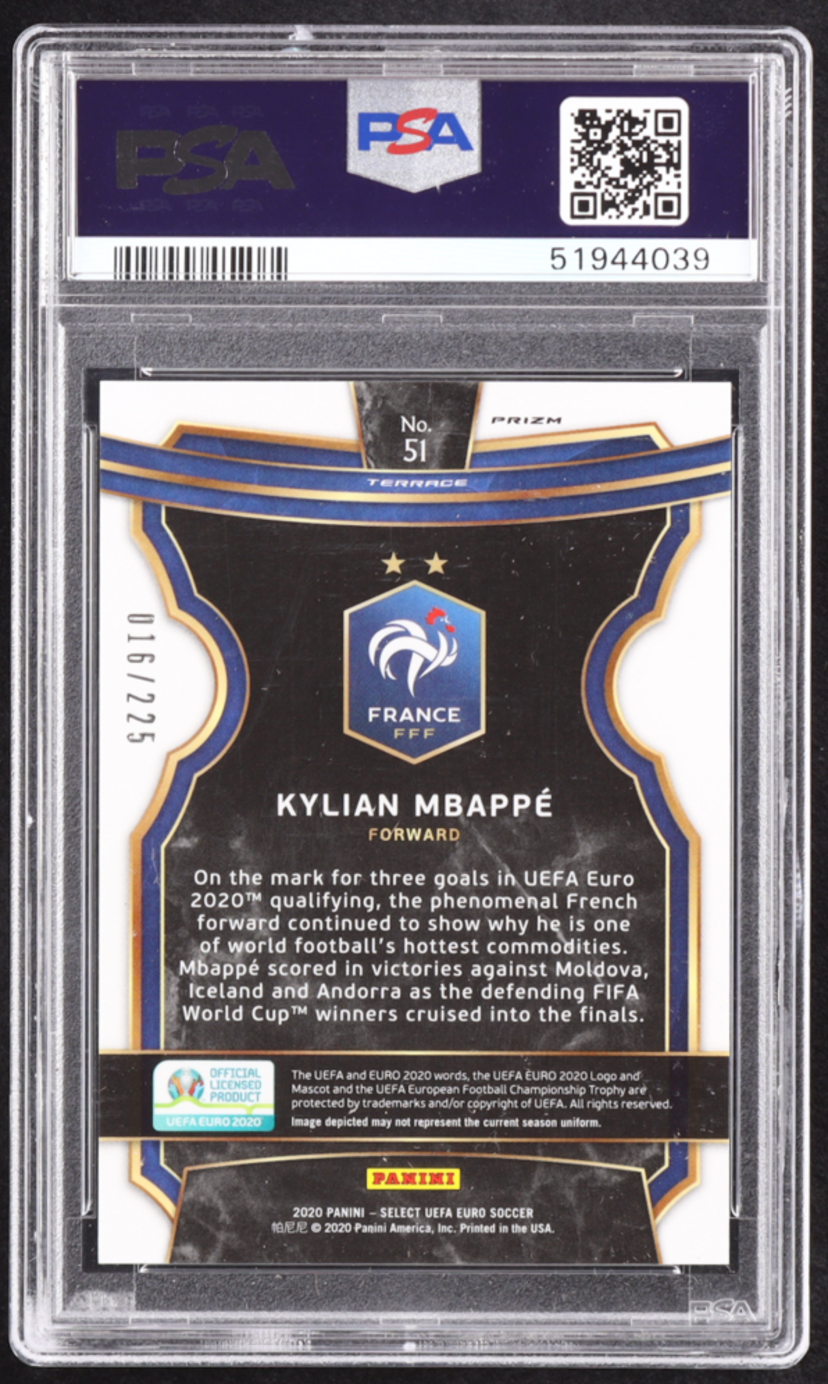 Kylian Mbappe 2020 Select UEFA Euro Prizms Blue #51 #016/225(PSA 10) authentic-signatures