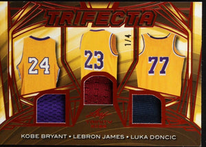 Kobe Bryant / LeBron James / Luka Doncic 2025 Leaf Trinity Trifecta Memorabilia Orange #TF7 #1/4