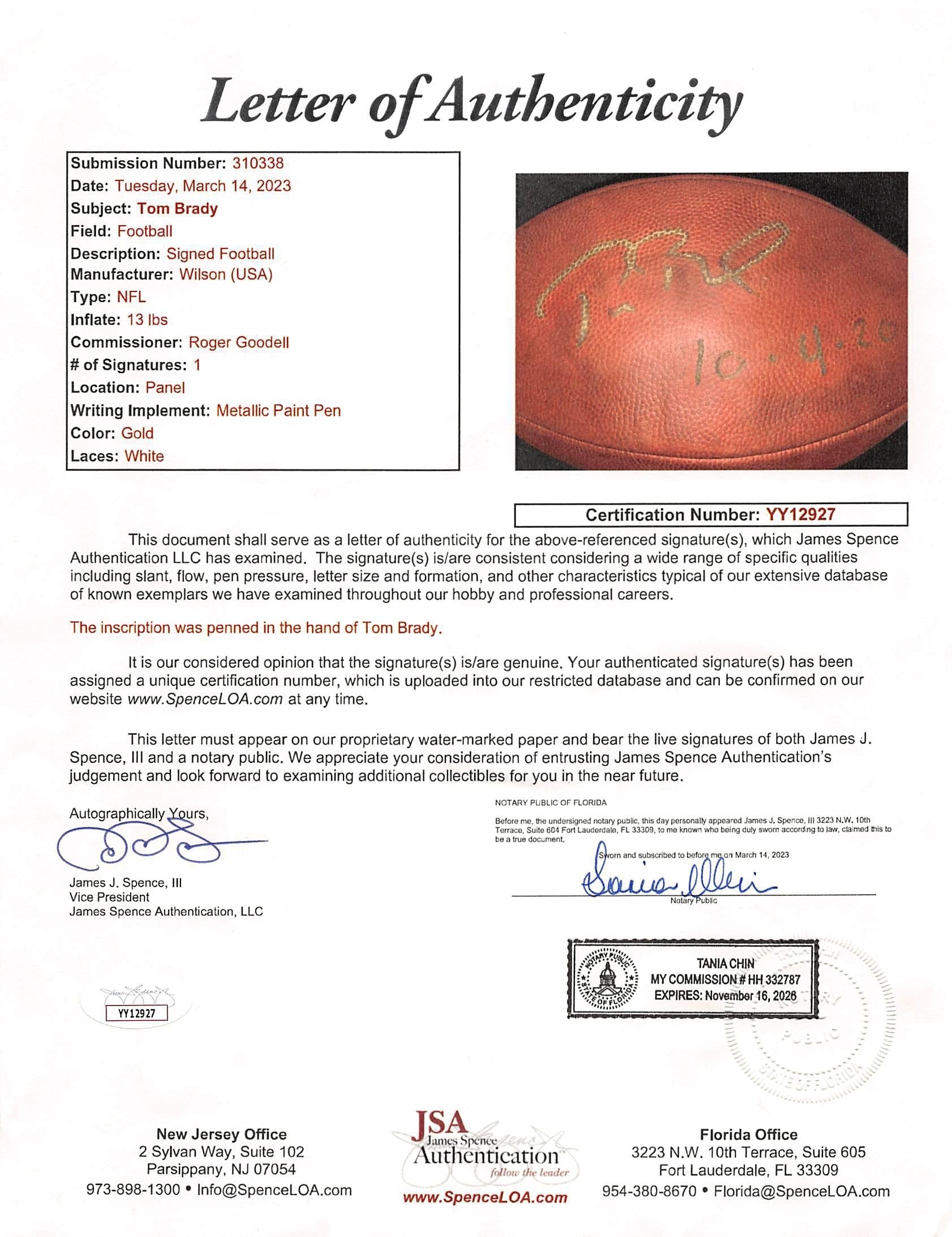 Tom Brady Signed "The Duke" NFL Official Game Ball Inscribed "10-4-20". Certified by JSA authentic-signatures
