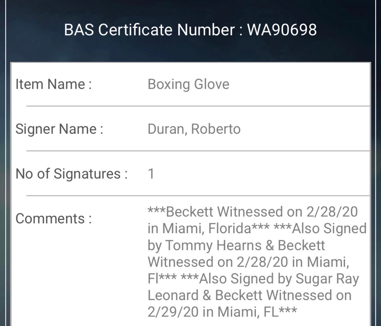 RARE Gant de Boxe Triple signature Thomas Hearns, Roberto Duran, Ray Sugar Leonard certifie par Beckett authentic-signatures
