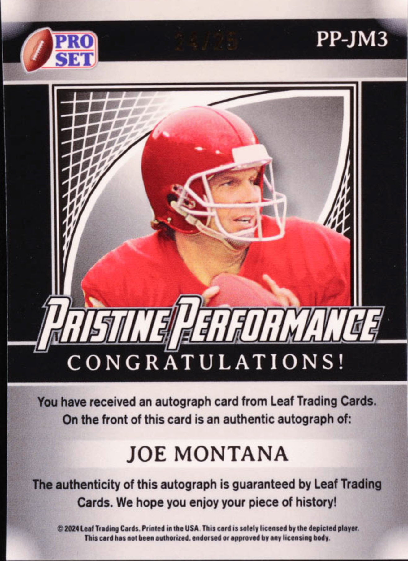 Joe Montana Signed 2024 Leaf Pristine Performance #PPJM3 authentic-signatures