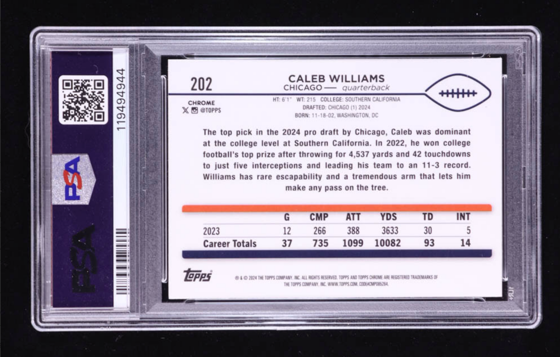 Caleb Williams 2024 Topps Chrome RC #202 (PSA 9) authentic-signatures