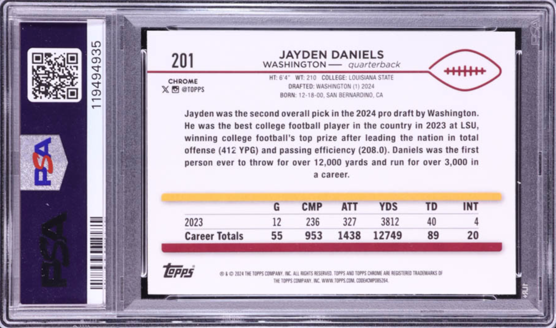 Jayden Danielsz 2024 Topps Chrome #201 RC (PSA 9) authentic-signatures