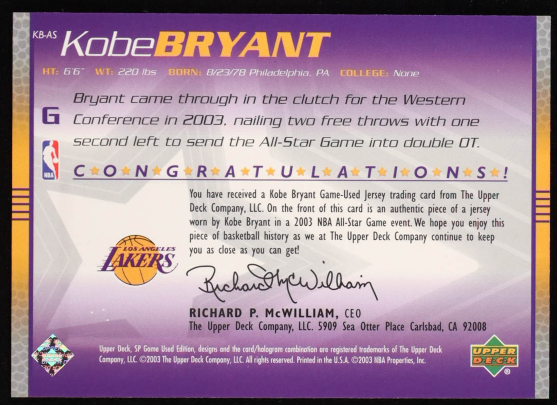 RARE PIECE DE MAILLOT ALL STAR PORTE par  Kobe Bryant 2003-04 SP Game Used All Star Apparel KBAS authentic-signatures
