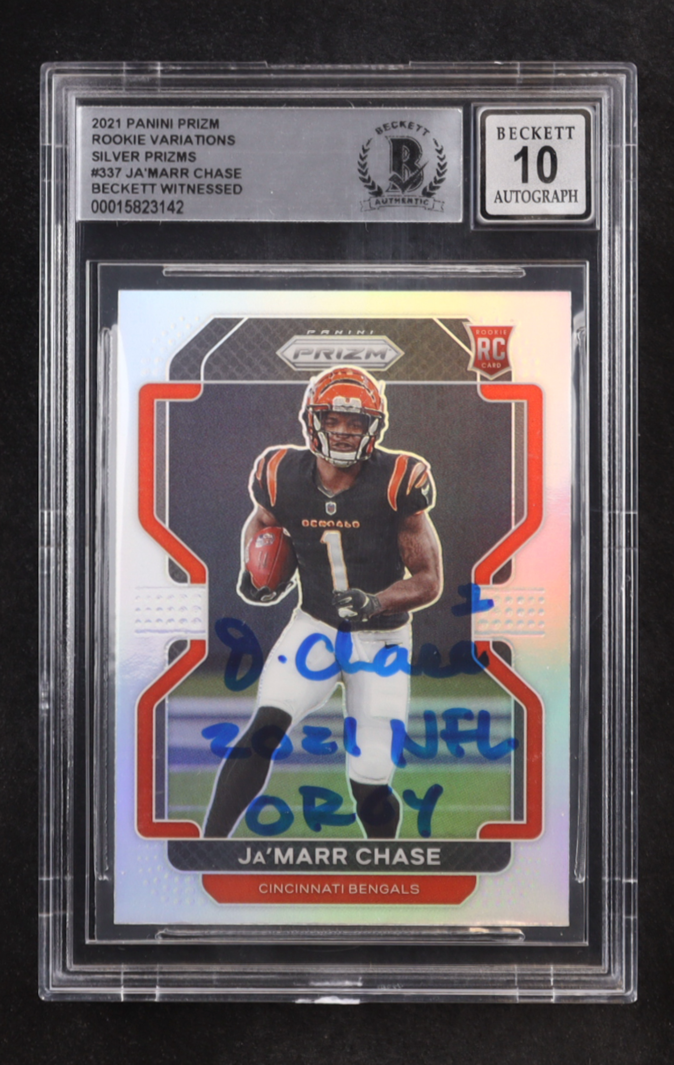 Ja'Marr Chase Signed 2021 Inscribed "2021 NFL OROY" Panini Prizm Rookie Variations Silver RC (BGS 10) authentic-signatures