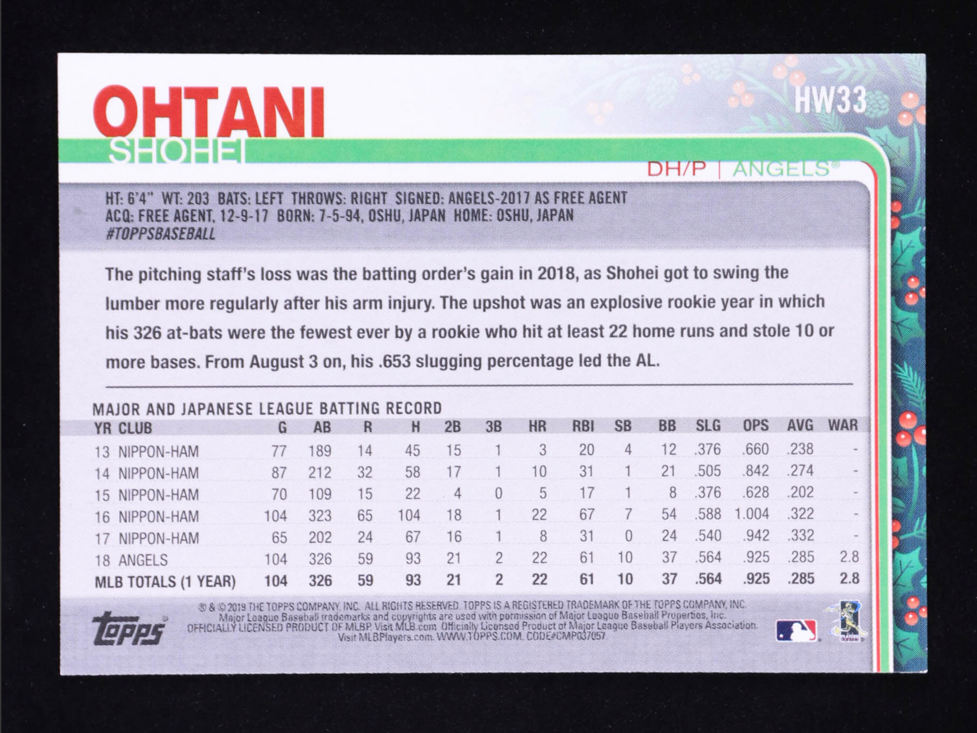 Shohei Ohtani 2019 Topps Walmart Holiday #HW33 authentic-signatures
