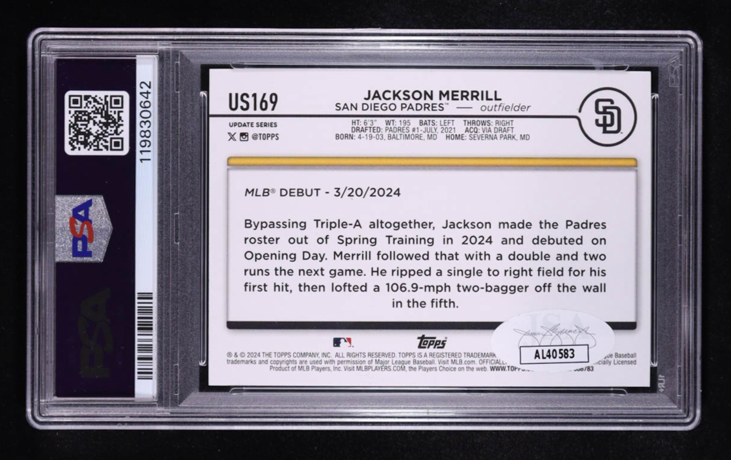 Jackson Merrill Signed 2024 Topps Update Halloween Orange and Black Foil #US169 RC (PSA AUTO 10) authentic-signatures