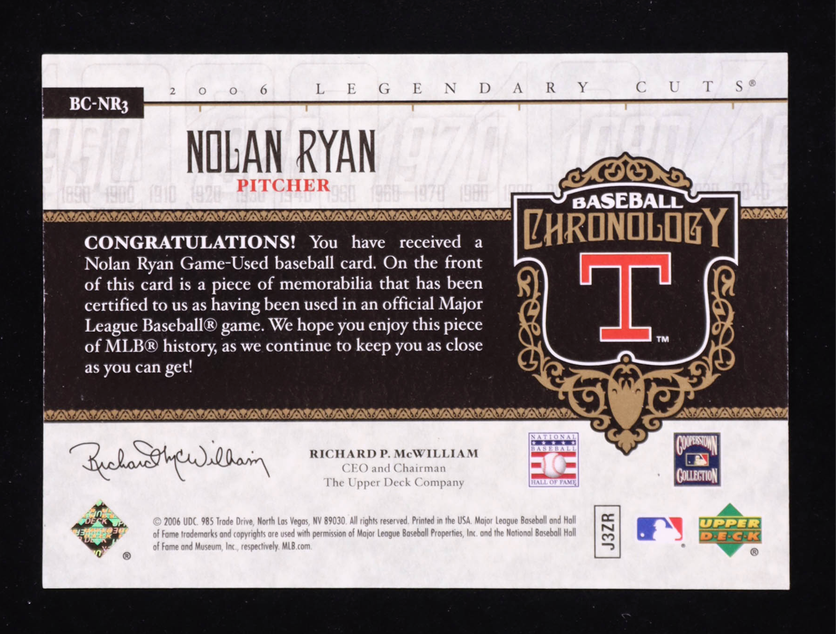 Nolan Ryan 2006 SP Legendary Cuts Baseball Chronology Materials #NR3 authentic-signatures