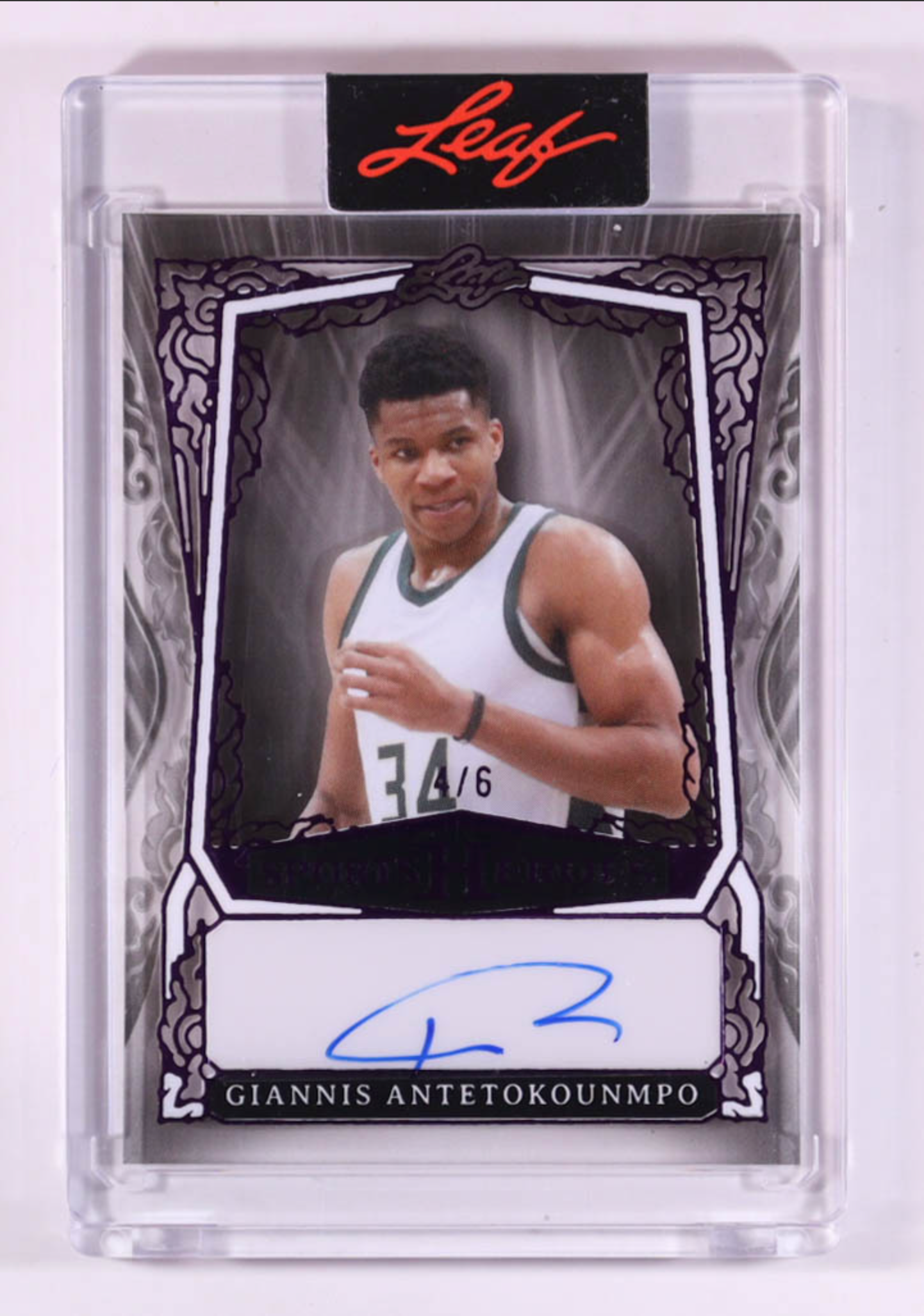 Giannis Antetokounmpo 2025 Leaf Sports Heroes Clear Purple #BAGA1 #4/6 authentic-signatures