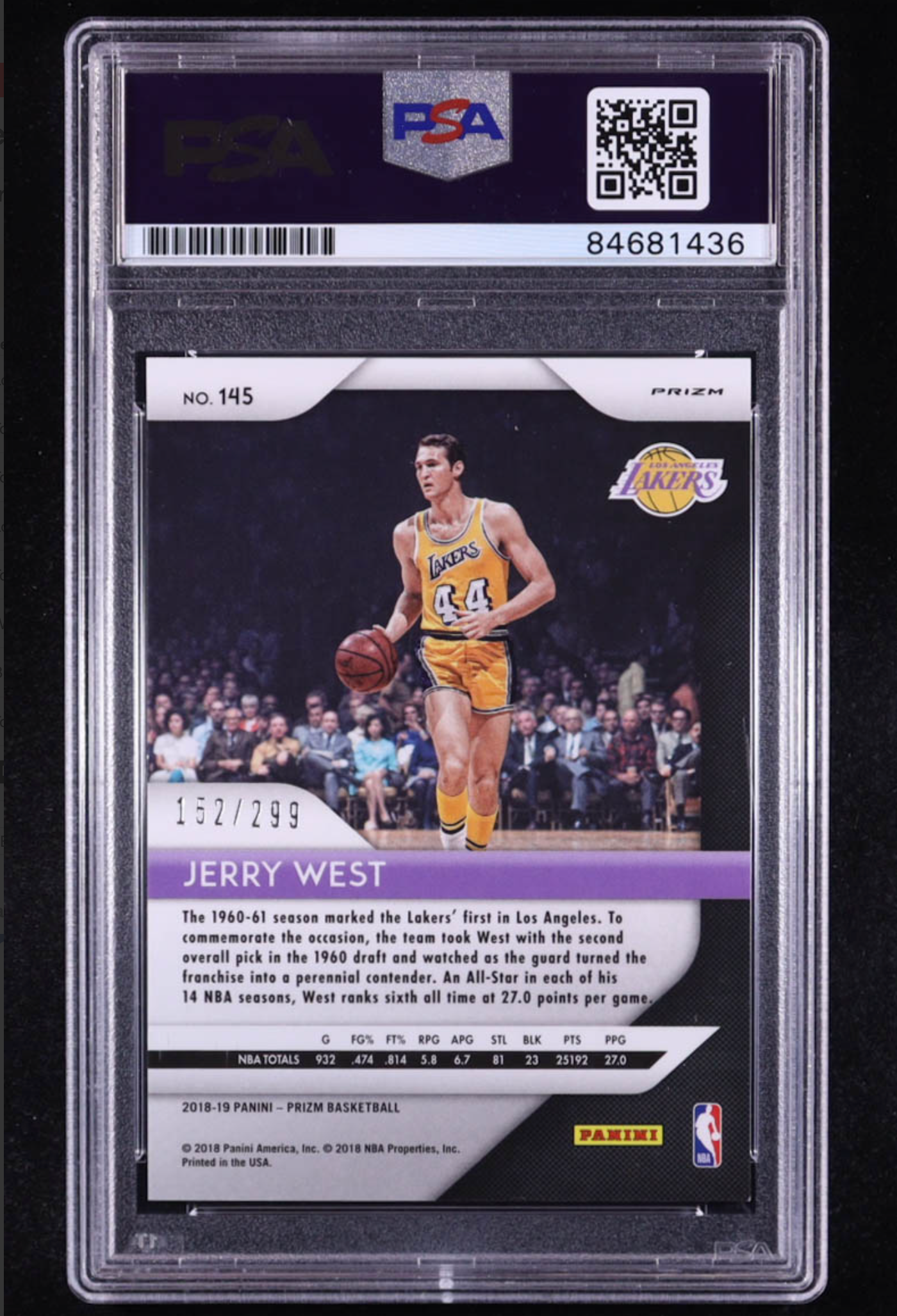 Jerry West Signed 2018-19 Panini Prizm Prizms Red #145 #152/299 (PSA AUTHENTIC) authentic-signatures