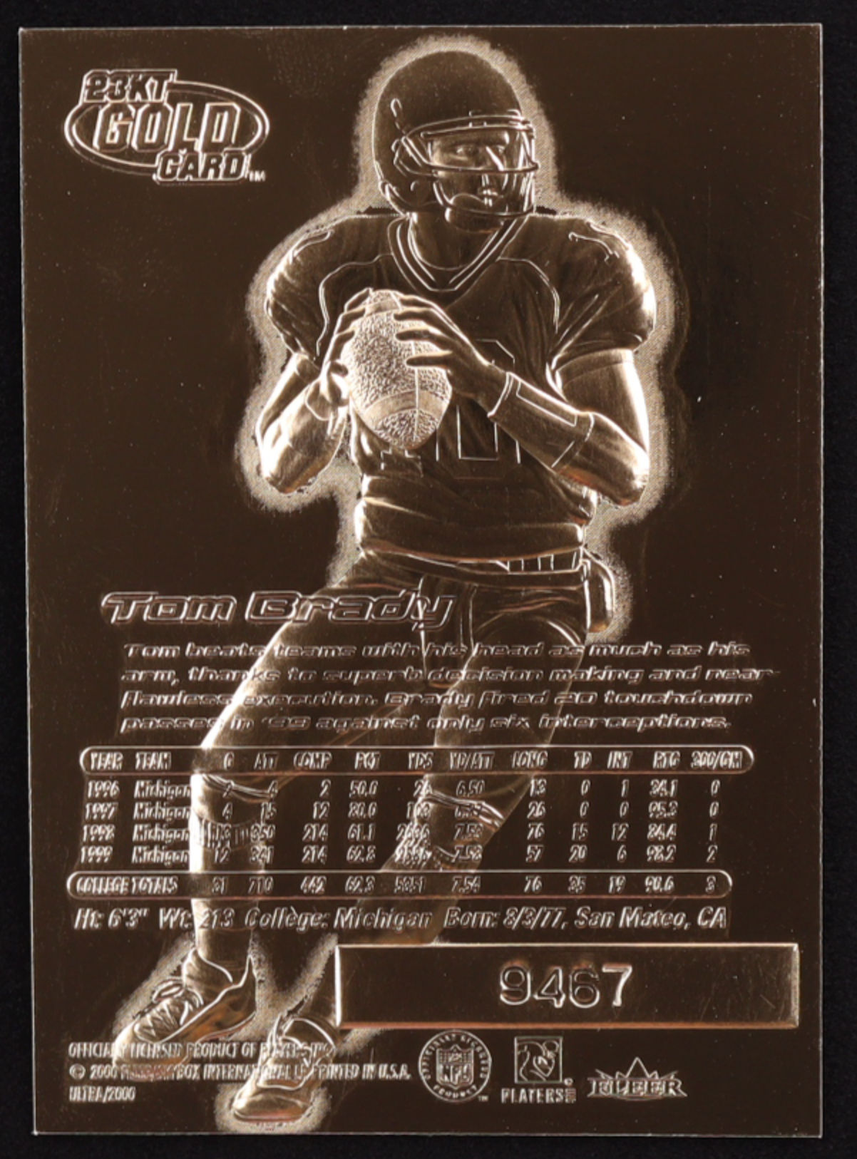 Tom Brady 2000 Fleer Ultra 23KT Gold Blue Metallic Signature Series RC authentic-signatures