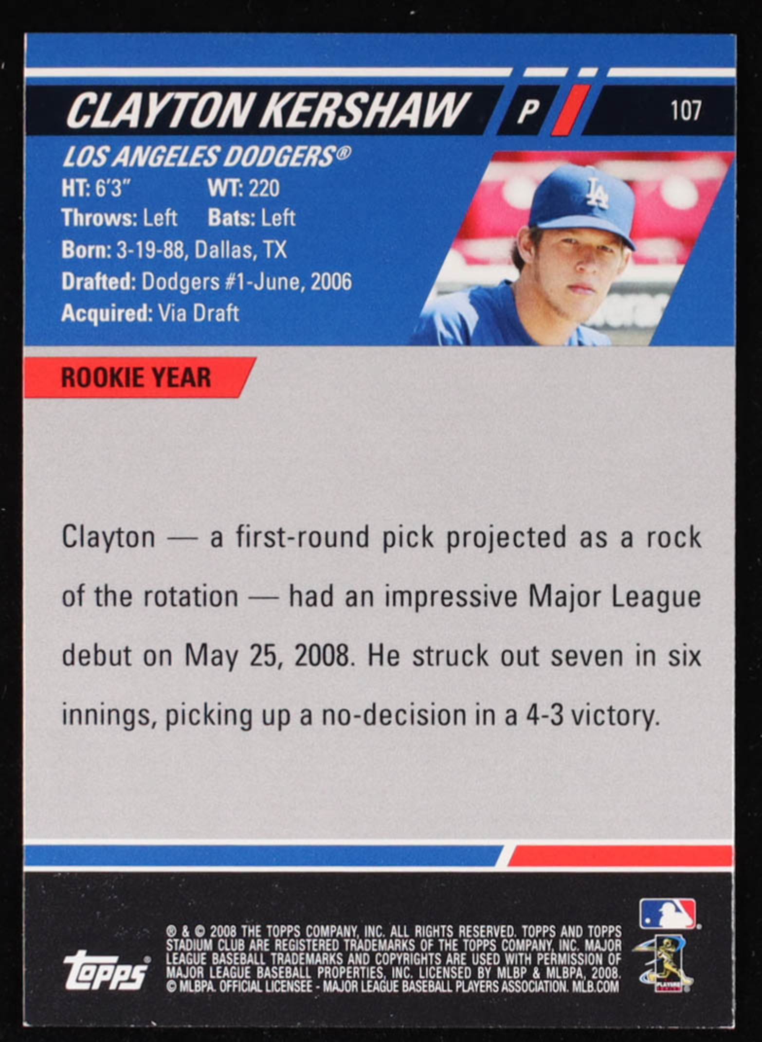 Clayton Kershaw 2008 Stadium Club #107a RC authentic-signatures