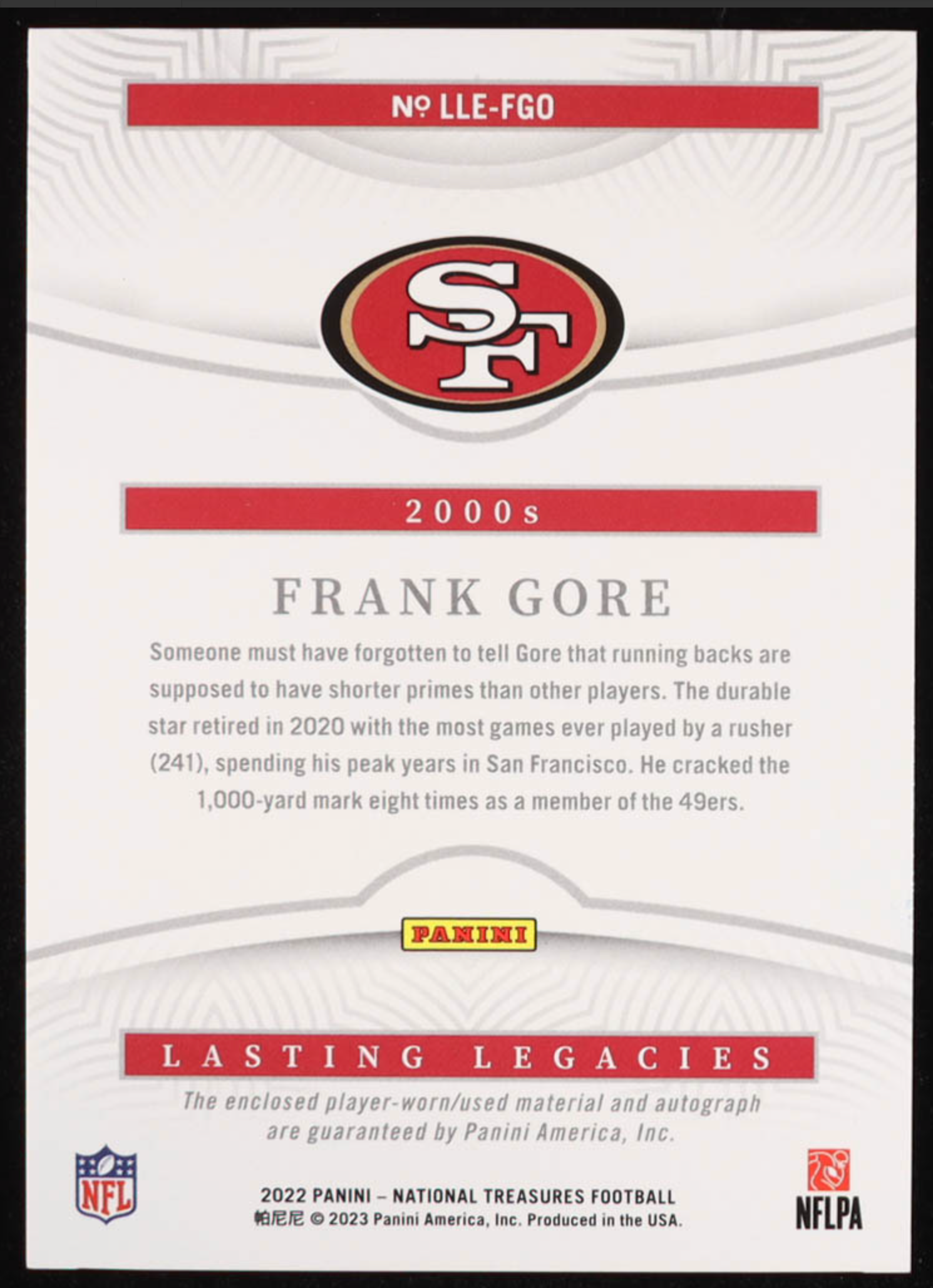 Frank Gore 2022 Panini National Treasures Lasting Legacies Material Autographs #68/99 authentic-signatures