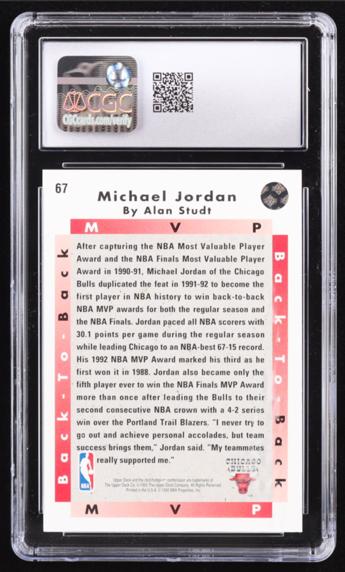Michael Jordan 1992-93 Upper Deck #67 MVP (CGC 10) authentic-signatures