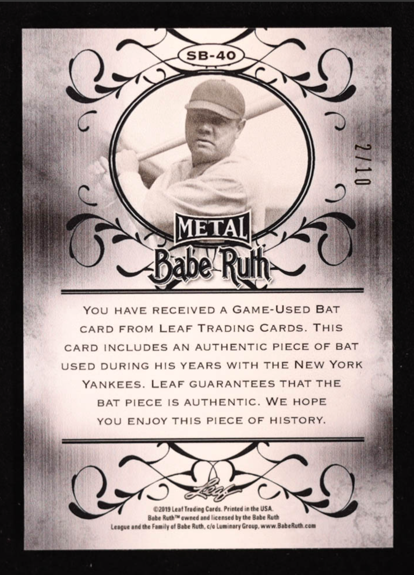 Babe Ruth 2019 Leaf Metal Babe Ruth Collection Bats #SB40 #2/10 authentic-signatures