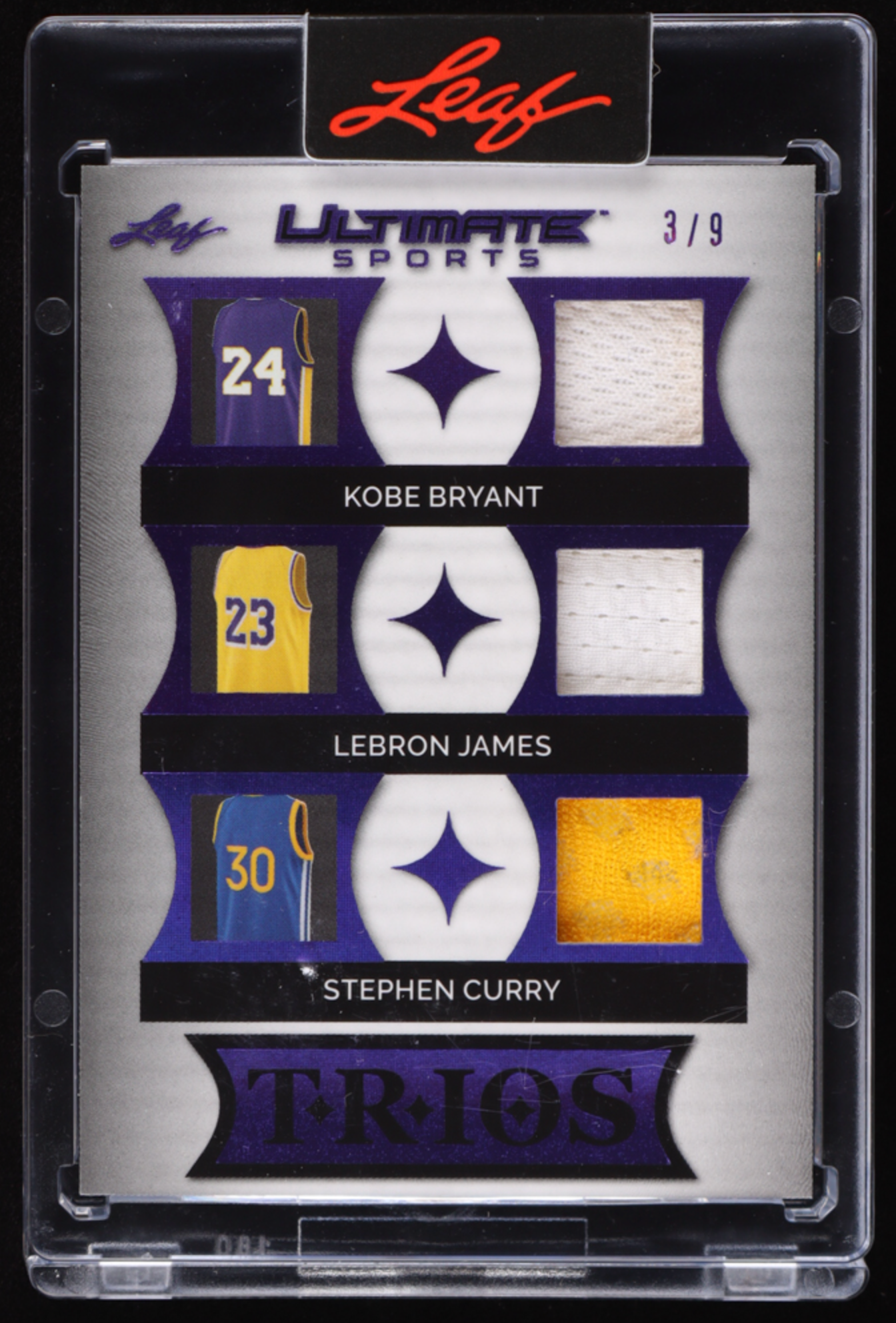Kobe Bryant / Lebron James / Stephen Curry 2024 Leaf Ultimate Sports Trios Purple Holo Game Worm Patch 3/9 authentic-signatures