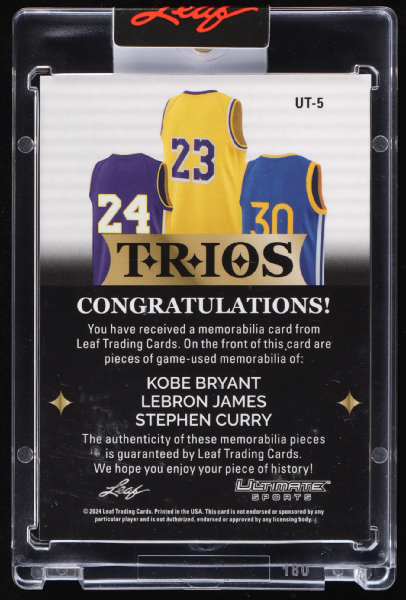 Kobe Bryant / Lebron James / Stephen Curry 2024 Leaf Ultimate Sports Trios Purple Holo Game Worm Patch 3/9 authentic-signatures