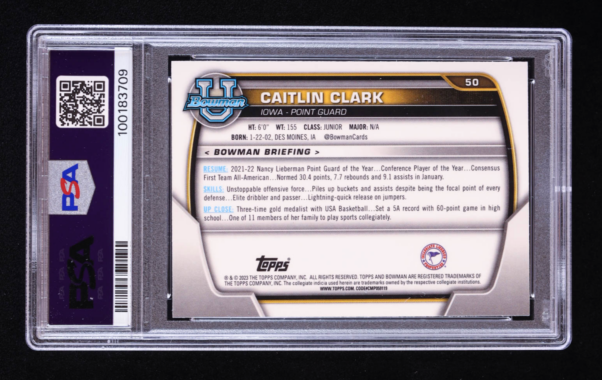 Caitlin Clark 2022-23 Bowman Chrome University #50 RC (PSA 9) authentic-signatures