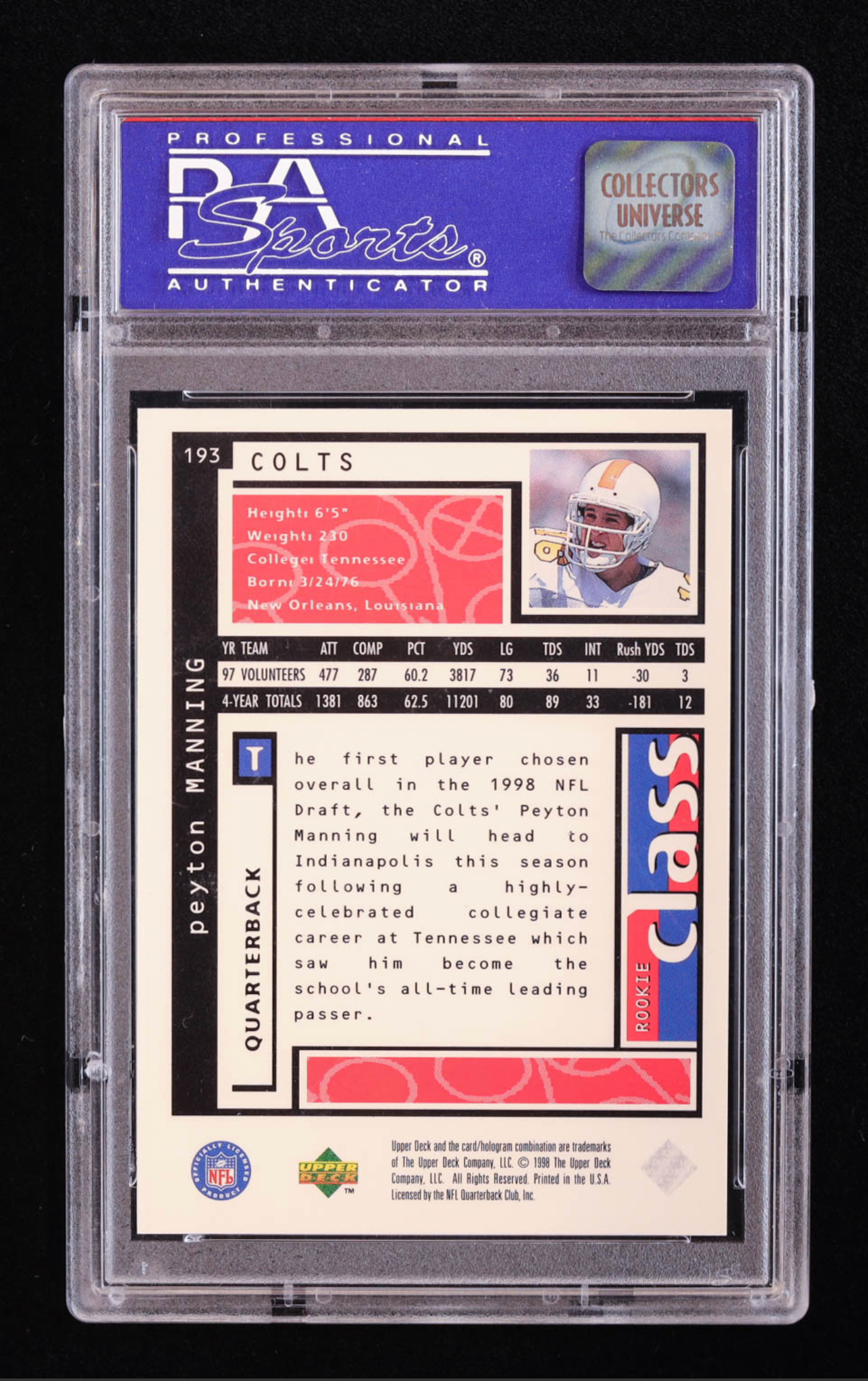 Peyton Manning 1998 UD Choice #193 RC (PSA 9) authentic-signatures