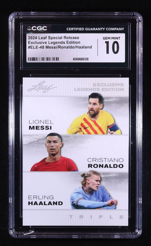 Lionel Messi / Cristiano Ronaldo / Erling Haaland 2024 Leaf Special Release Exclusive Legends Edition #ELE48 (CGC 10)