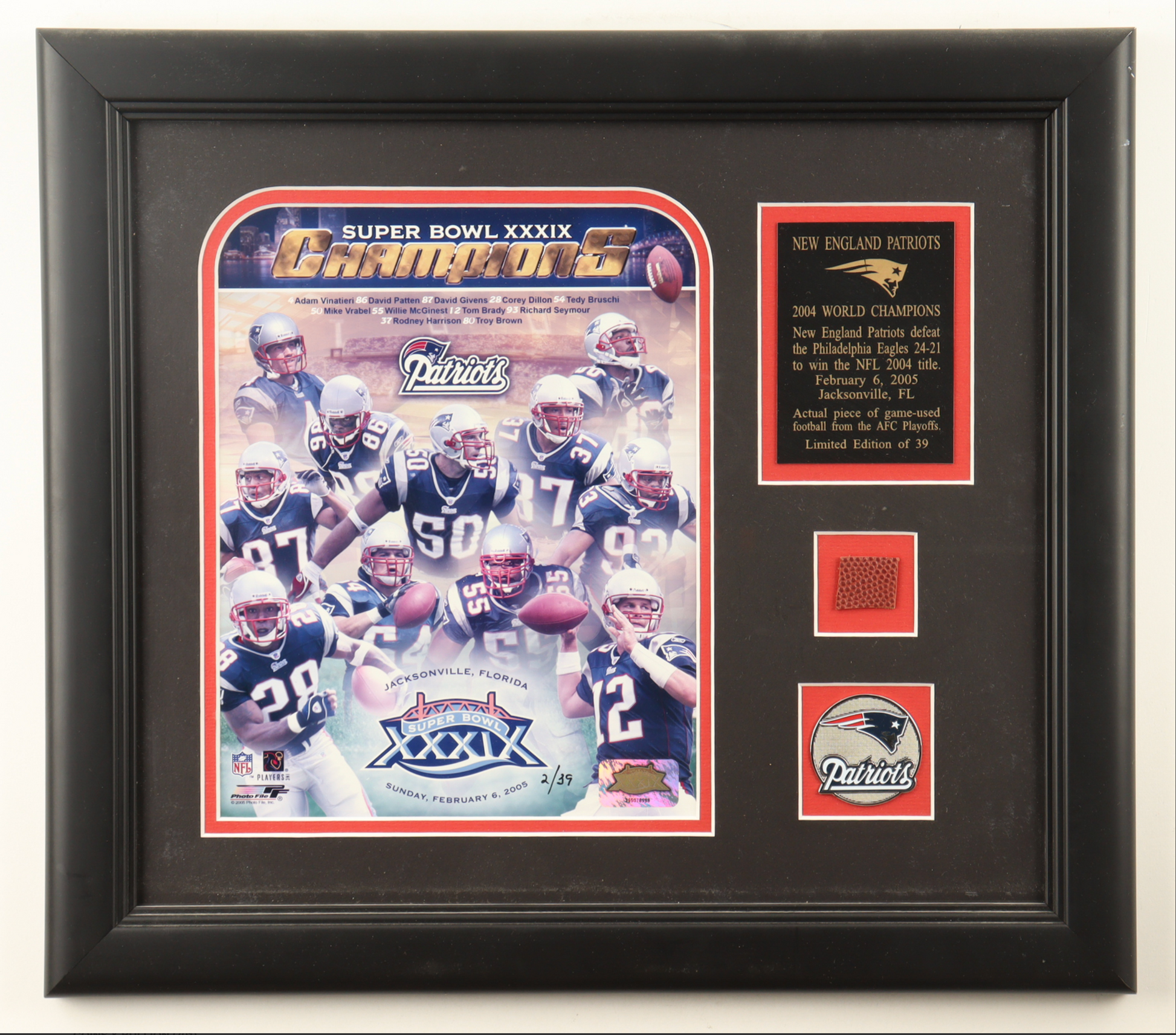 Cadre Edition Limitee  avec piece GAME USED des New England patriots 2004 authentic-signatures