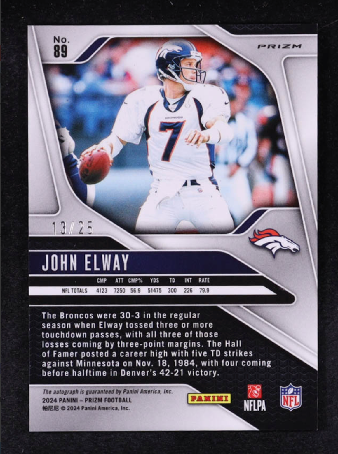 John Elway 2024 Panini Prizm Blue Shimmer Autographs #89 #13/25 authentic-signatures