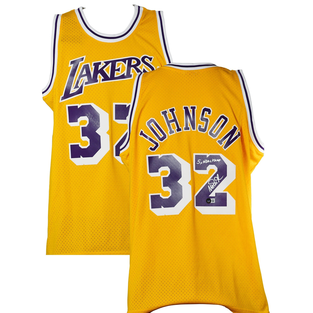 Magic Johnson Signed Authentic Mitchell & Ness 5XChamp Los Angeles Lakers Jersey, Certified by Beckett authentic-signature...