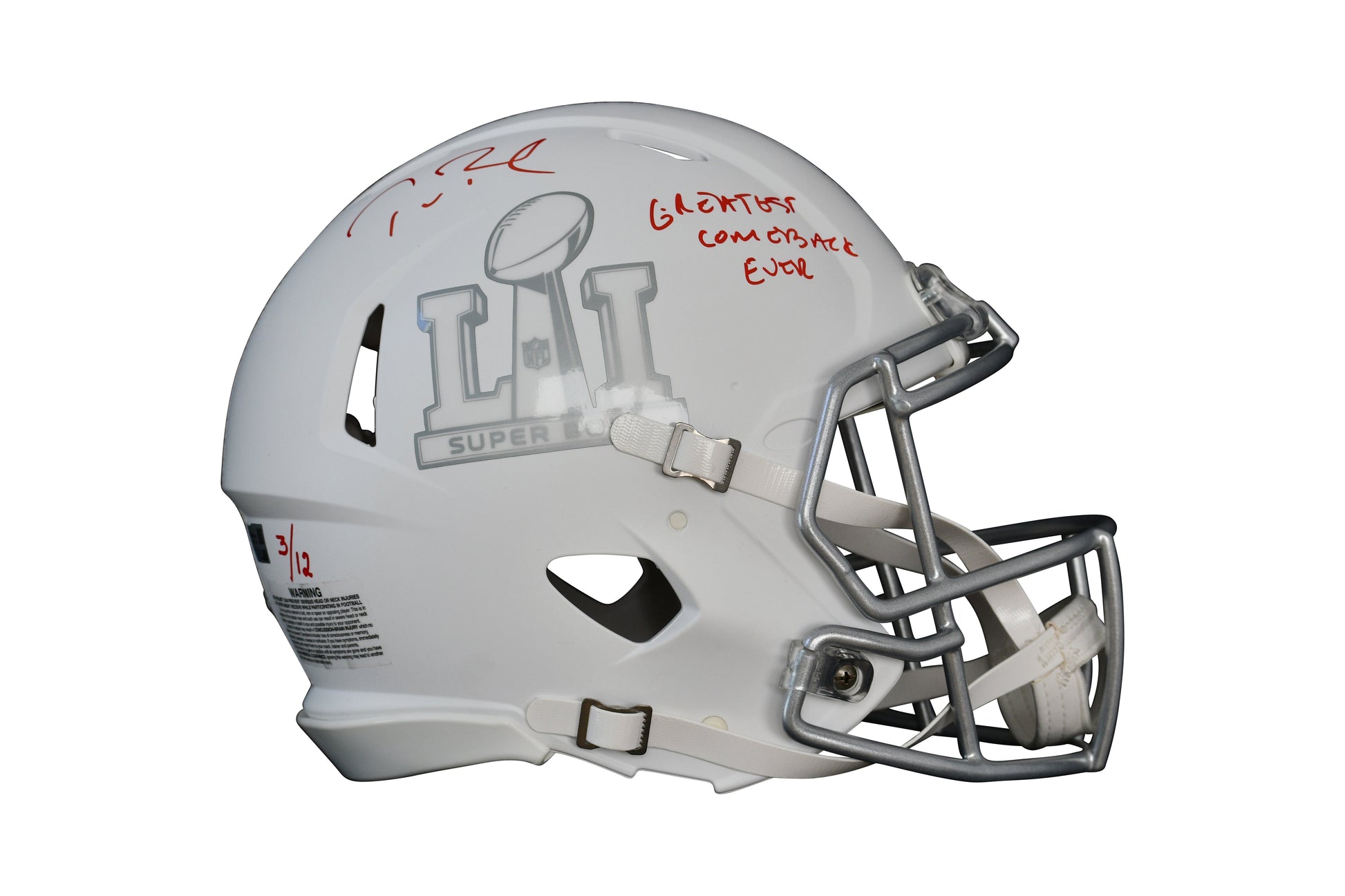 Tom Brady Signed LE Super Bowl LI Logo Full-Size Authentic On-Field Speed Helmet Inscribed "Greatest Comeback Ever" #3/12. Certified by FANATICS & GOAT authentic-signatures