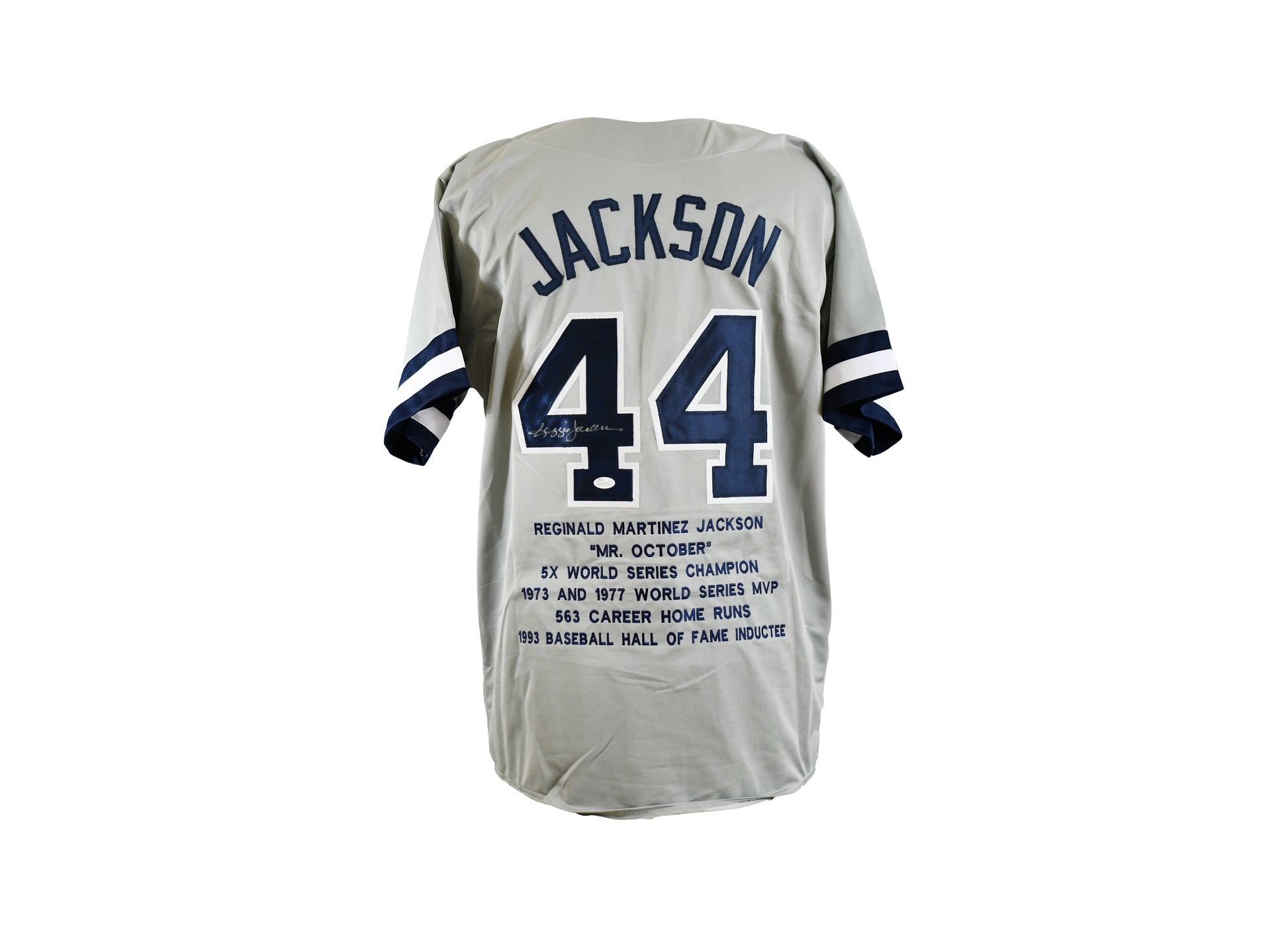 Reggie Jackson Signed New York Yankees Career Highlight Stat Jersey.Certified by JSA authentic-signatures