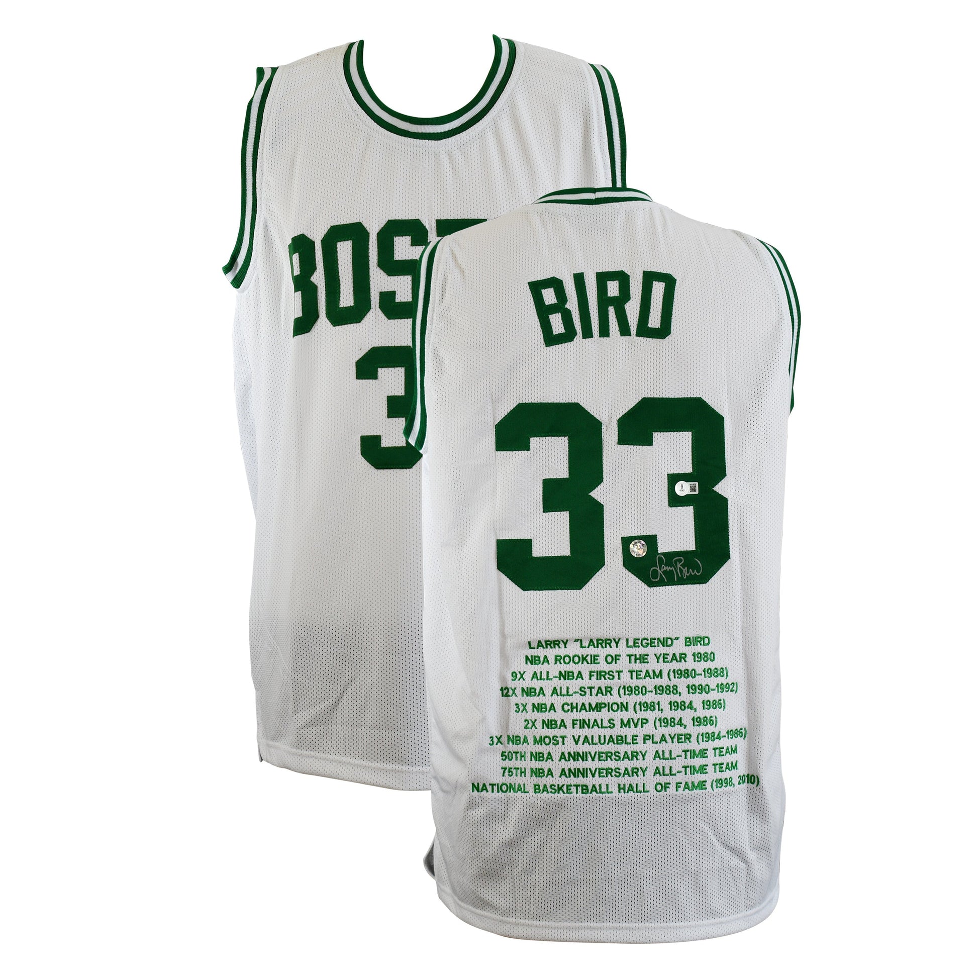 Larry Bird Signed Boston Career Highlight Stat Jersey Certified by Larry Bird & Beckett authentic-signatures