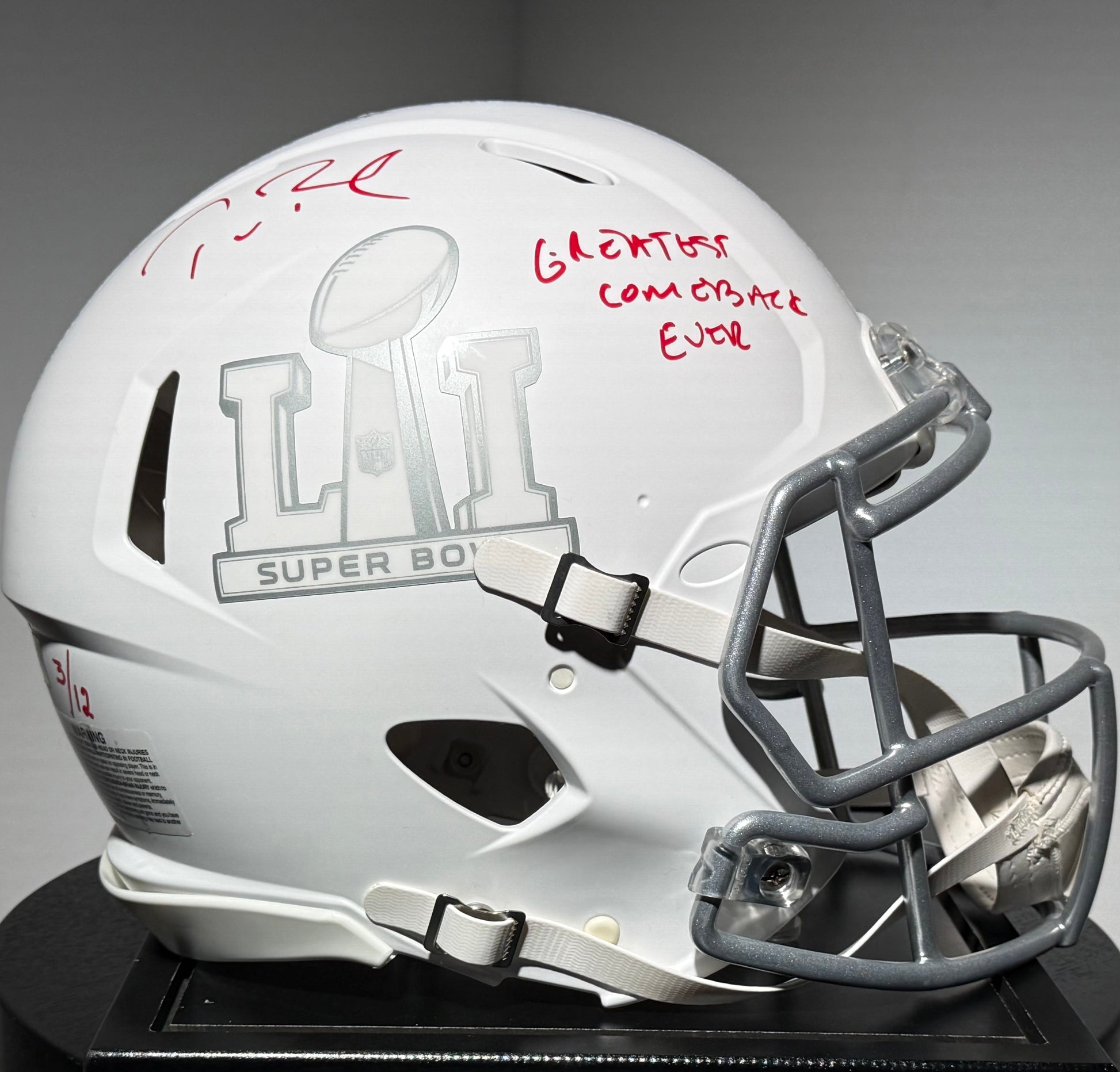 Tom Brady Signed LE Super Bowl LI Logo Full-Size Authentic On-Field Speed Helmet Inscribed "Greatest Comeback Ever" #3/12. Certified by FANATICS & GOAT authentic-signatures