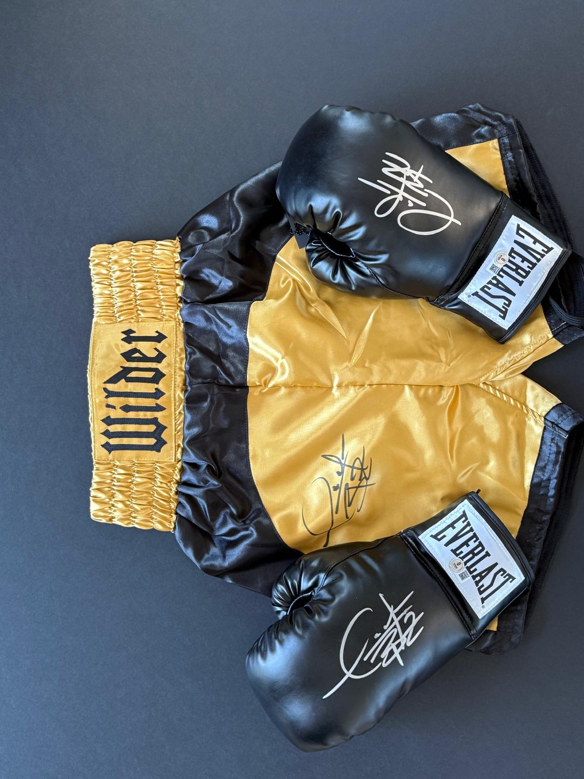 Deontay Wilder Signed Pair of Boxing Gloves and trunks Certified by Beckett authentic-signatures