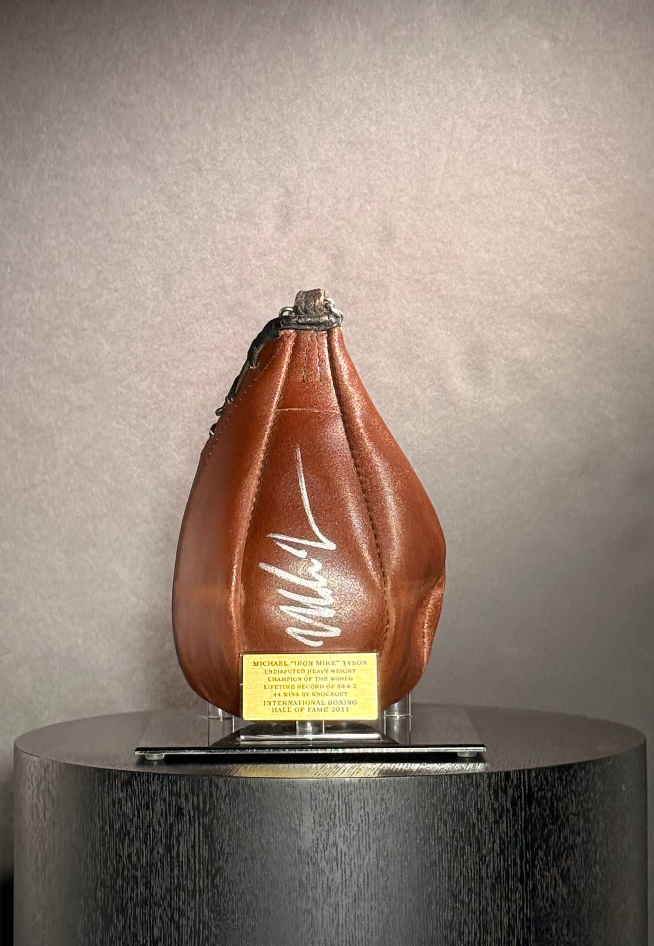 Mike Tyson Signed Vintage Speed Bag With Acrylic Display Stand & Name Plate Crtified by Mike Tyson authentic-signatures