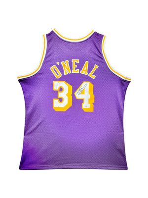 Maillot Authentique Mitchell and Ness Exterieur Los Angeles Lakers signe par Shaquille O'Neal certifie par PSA