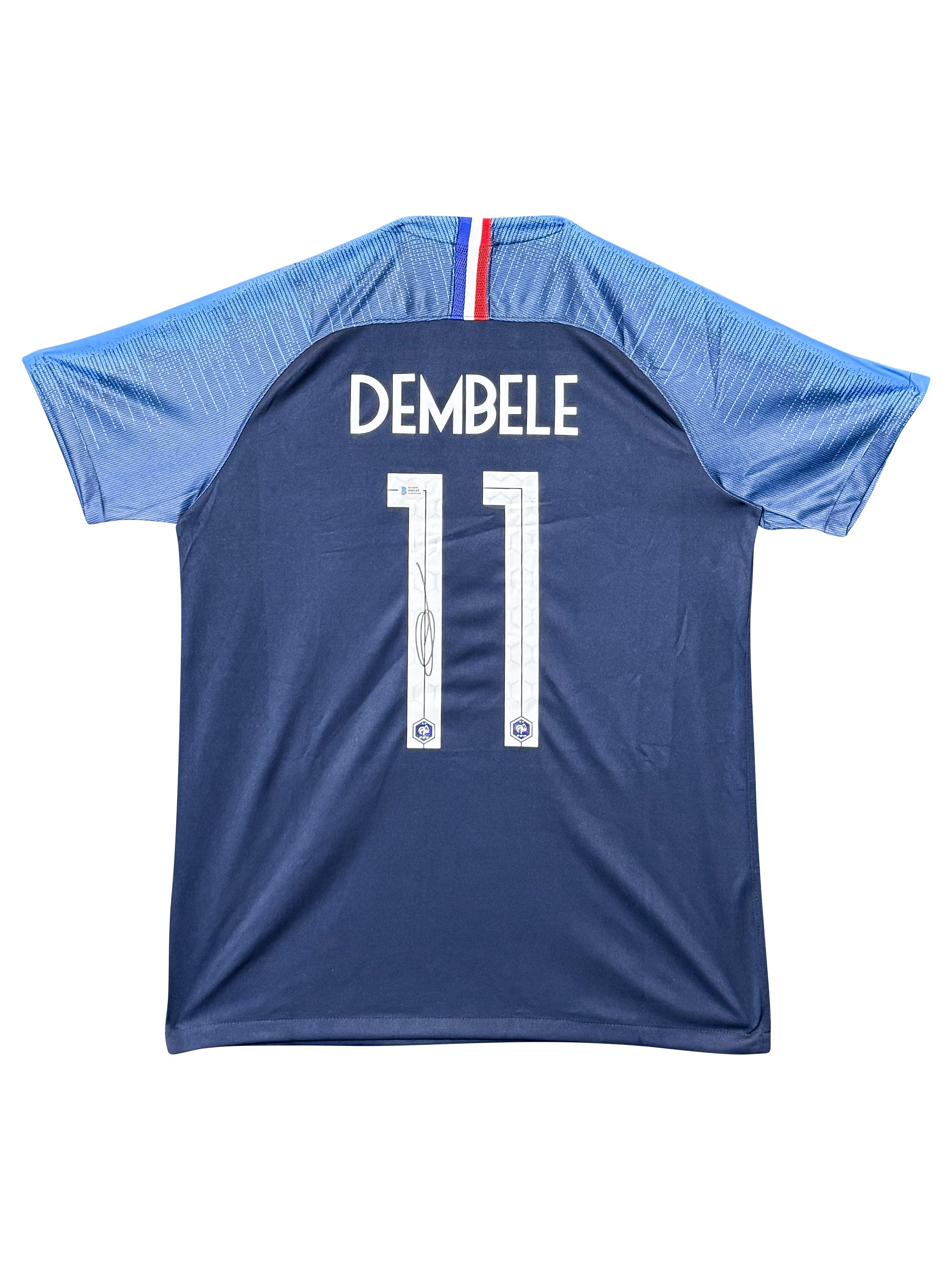 Maillot Authentique Equipe de France Finale Coupe du Monde 2018 signé par Ousman Dembele et certifié par Beckett authentic-signatures