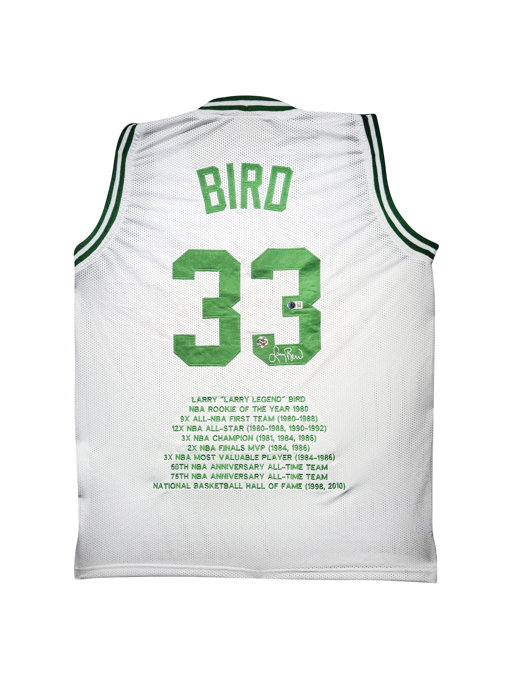 Maillot "Stats Carreer"Custom Domicile signe par Larry Bird certifie par Beckett et Larry Bird authentic-signatures