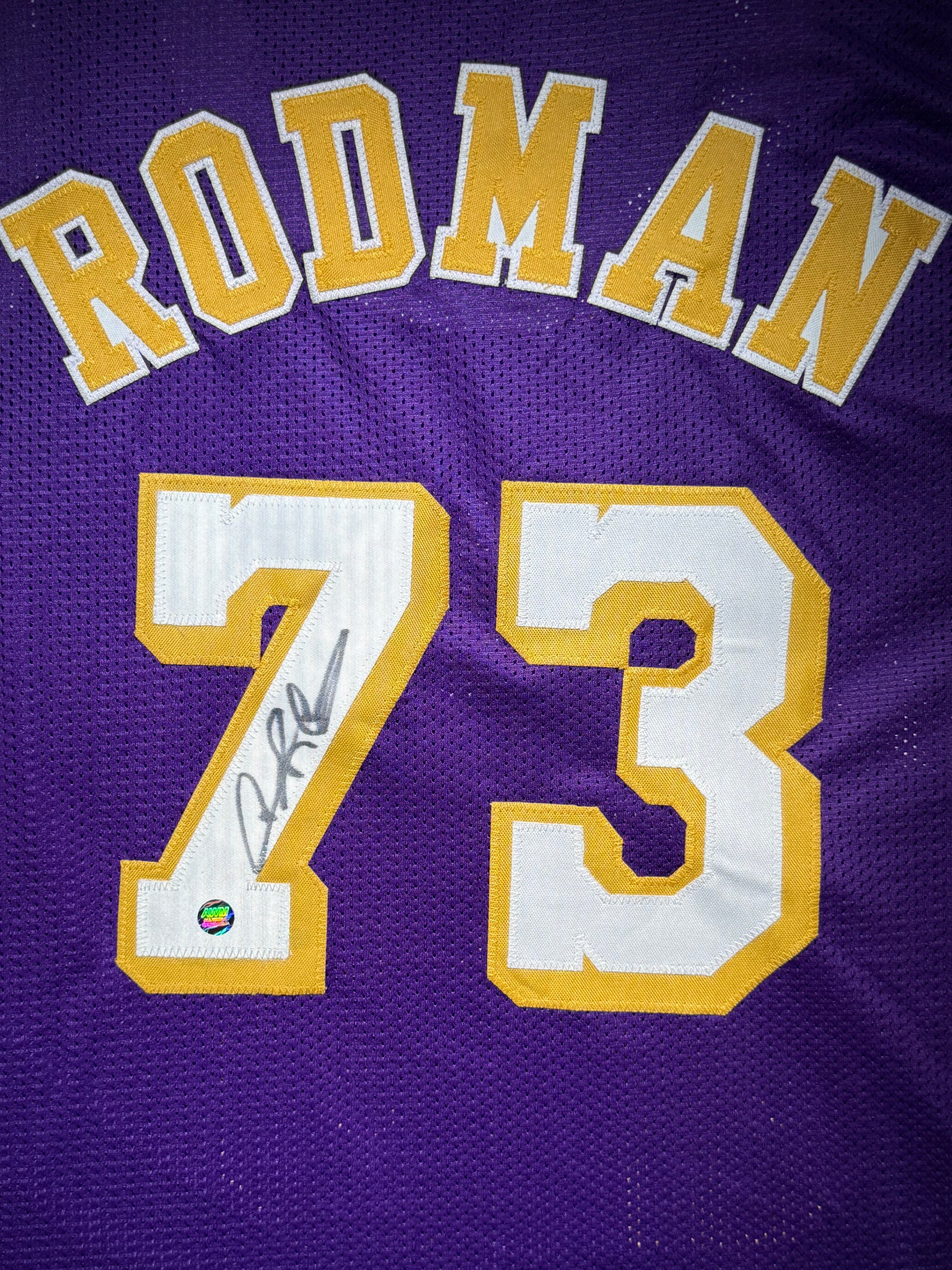 Maillot Custom Exterieur Los Angeles Lakers signe par Dennis Rodman certifie par AWM authentic-signatures