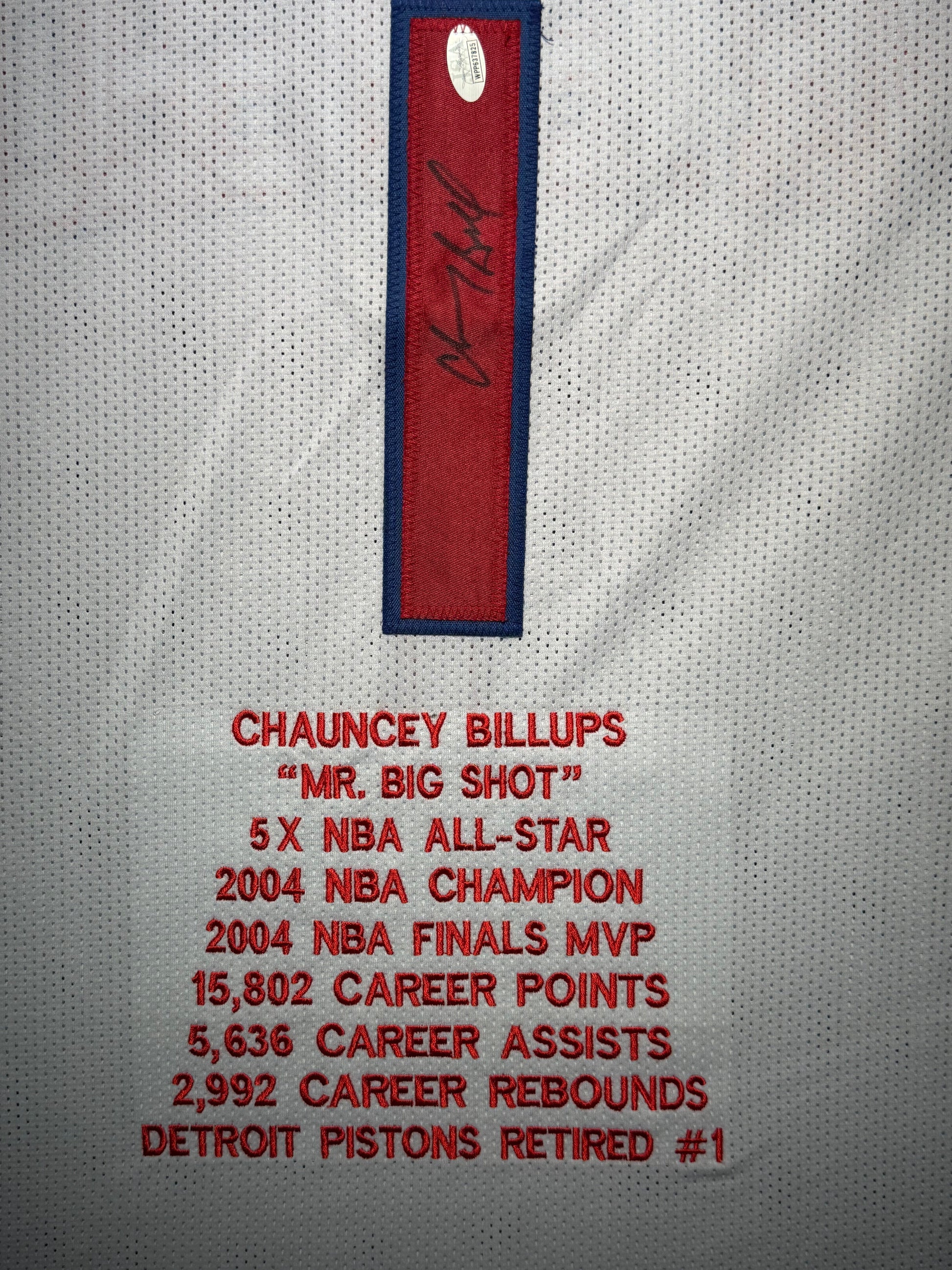 Maillot Custom Domicile signe par Chauncey Billups avec Stats de Carriere certifie par JSA authentic-signatures