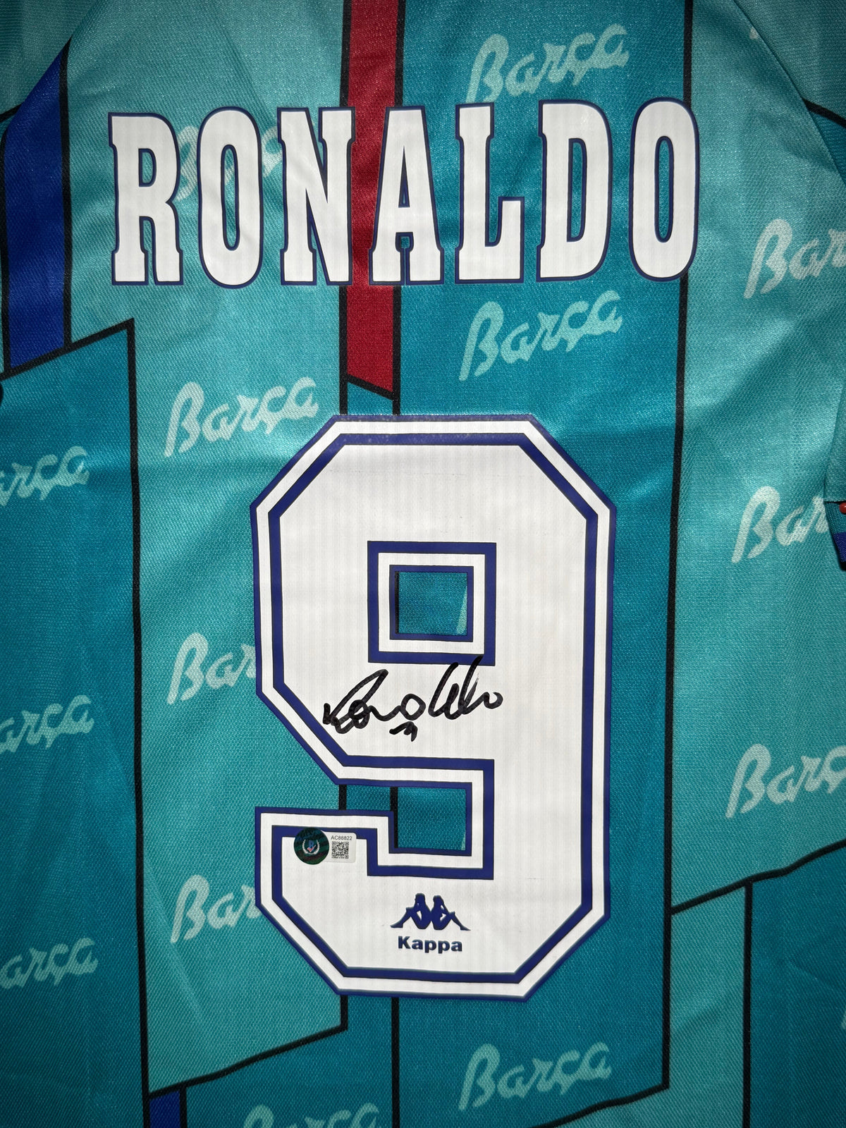 Ronaldo Nazario Signed Away 1996-97 FC Barcelona Jersey, Certified by Beckett authentic-signatures Football Authentic Sign...