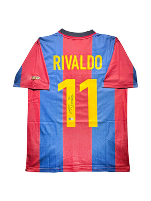 Maillot Domicile signe par Rivaldo Ferreira Fc Barcelone 1999-00 Certifie par Beckett