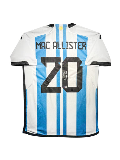 Maillot Domicile Equipe d'Argentine Edition Coupe du Monde 2022 signe par Alexis Mac Allister et Certifie par Beckett
