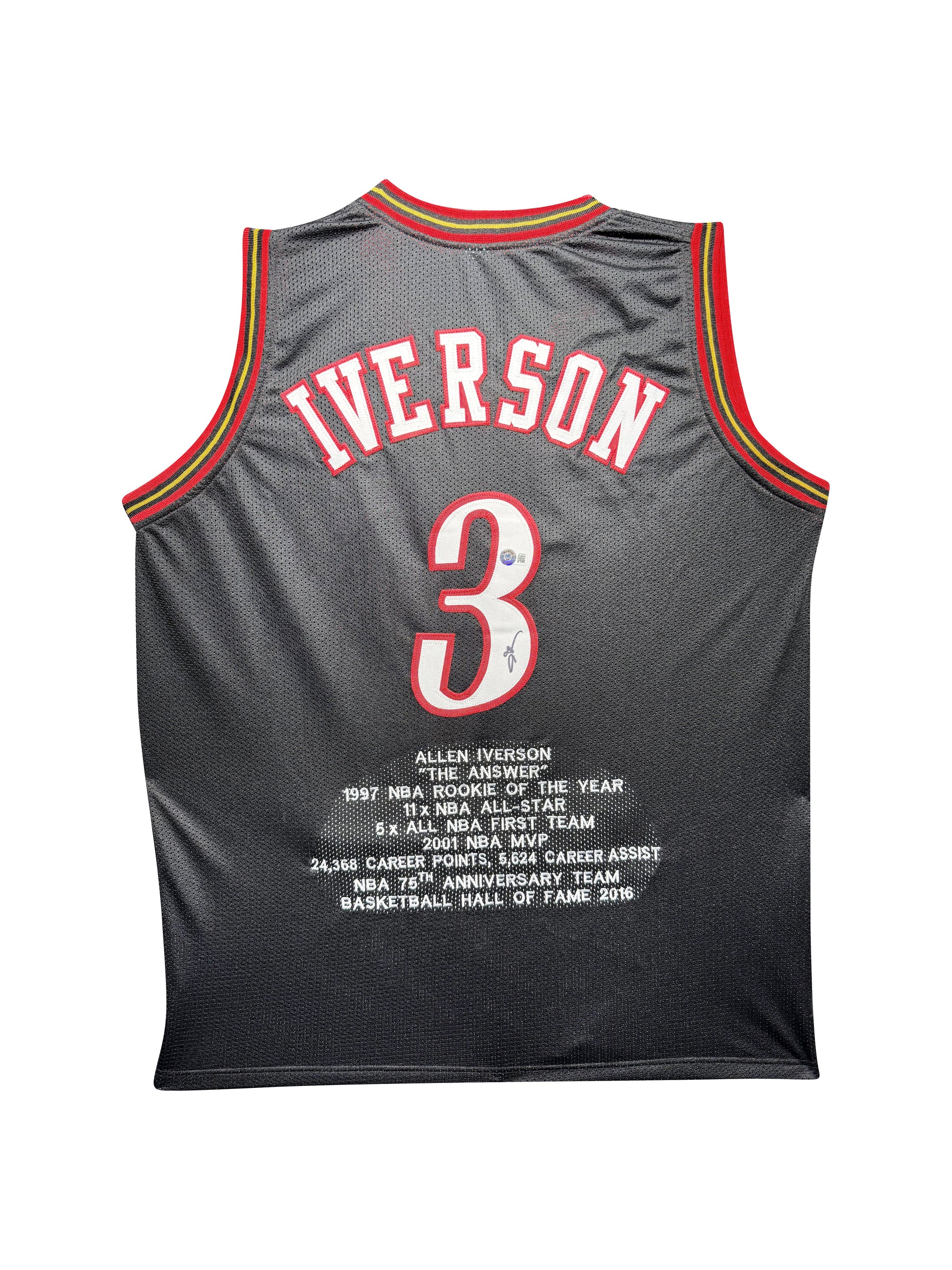 Maillot Custom Exterieur Philapelphia 76ers signe avec Statistiques de Carrière par Allen Iverson certifie par Beckett authentic-signatures